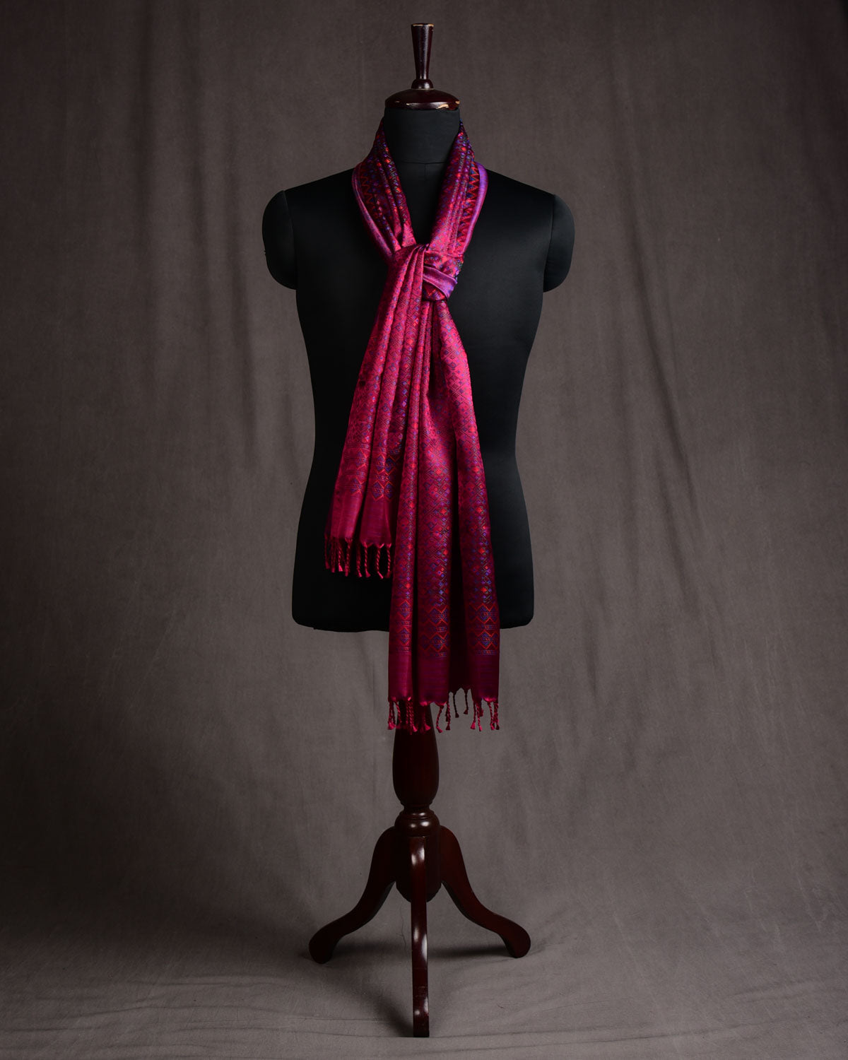 Magenta Dotted Jamawar Handwoven Silk Unisex Scarf 80"x22"-HolyWeaves