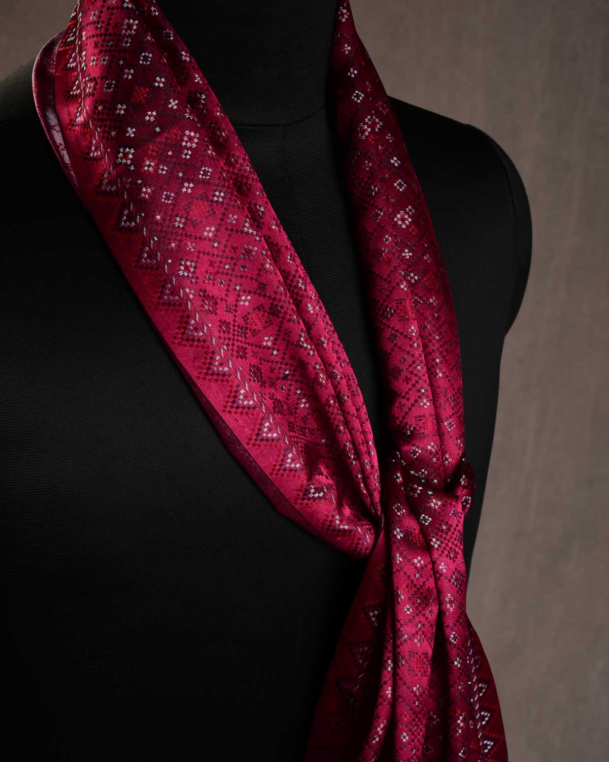 Burgundy Black Silver Red Dotted Jamawar Handwoven Silk Unisex Scarf 80"x22"-HolyWeaves