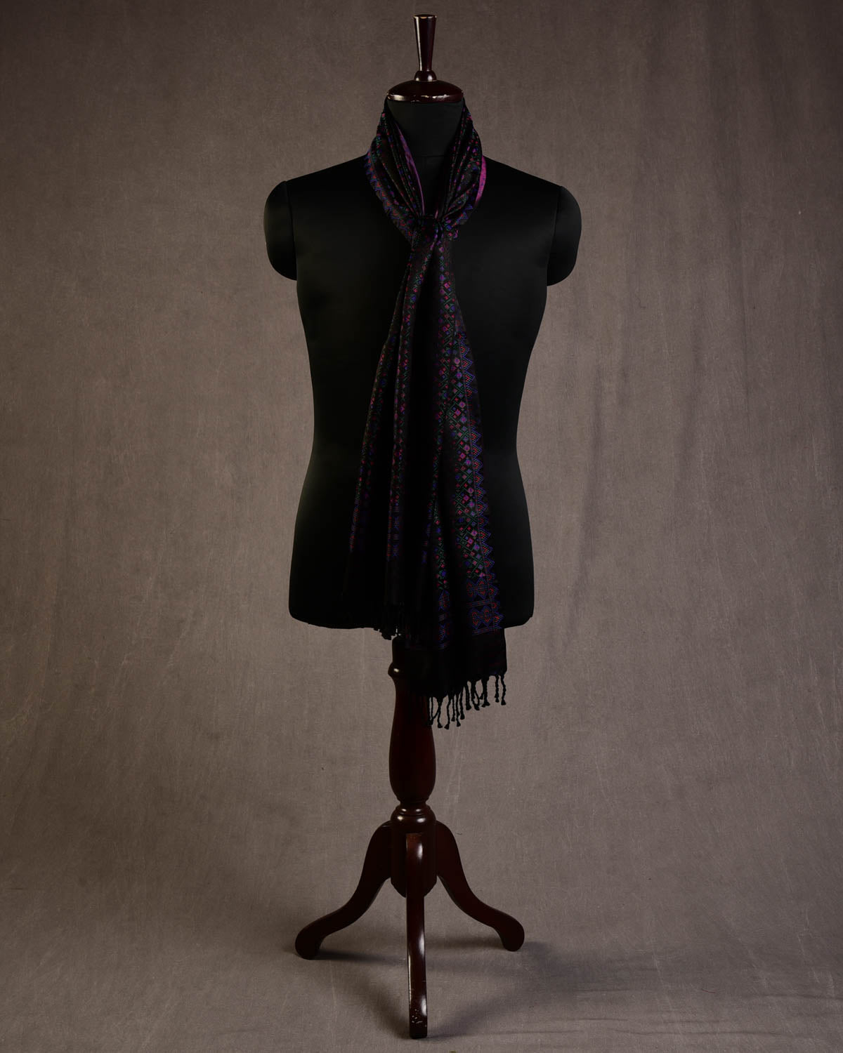 Black Green Purple Pink Dotted Jamawar Handwoven Silk Unisex Scarf 80"x22"-HolyWeaves