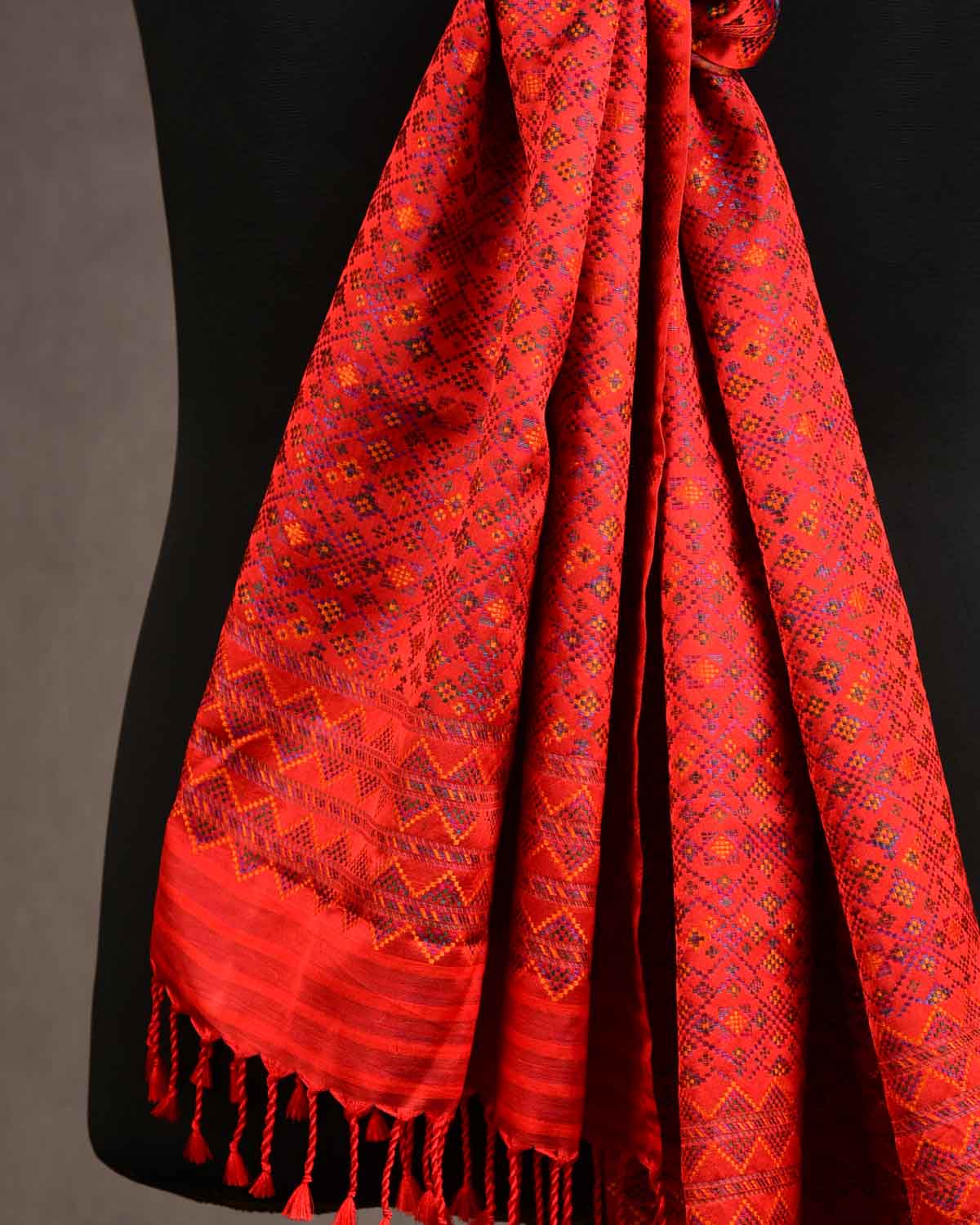 Red Multi-Color Dotted Jamawar Handwoven Silk Unisex Scarf 80"x22"-HolyWeaves