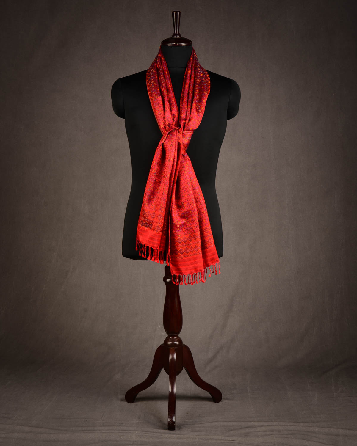 Red Multi-Color Dotted Jamawar Handwoven Silk Unisex Scarf 80"x22"-HolyWeaves