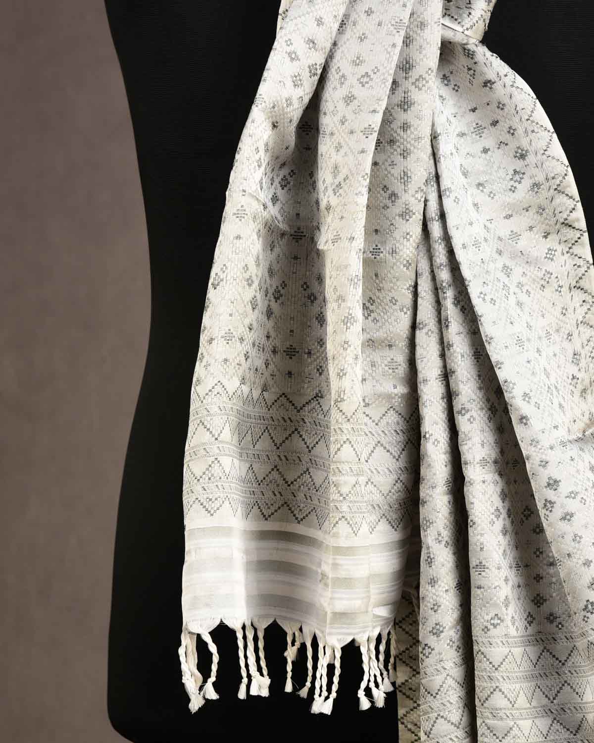 Gray Black On White Dotted Jamawar Handwoven Silk Unisex Scarf 76"x22"-HolyWeaves