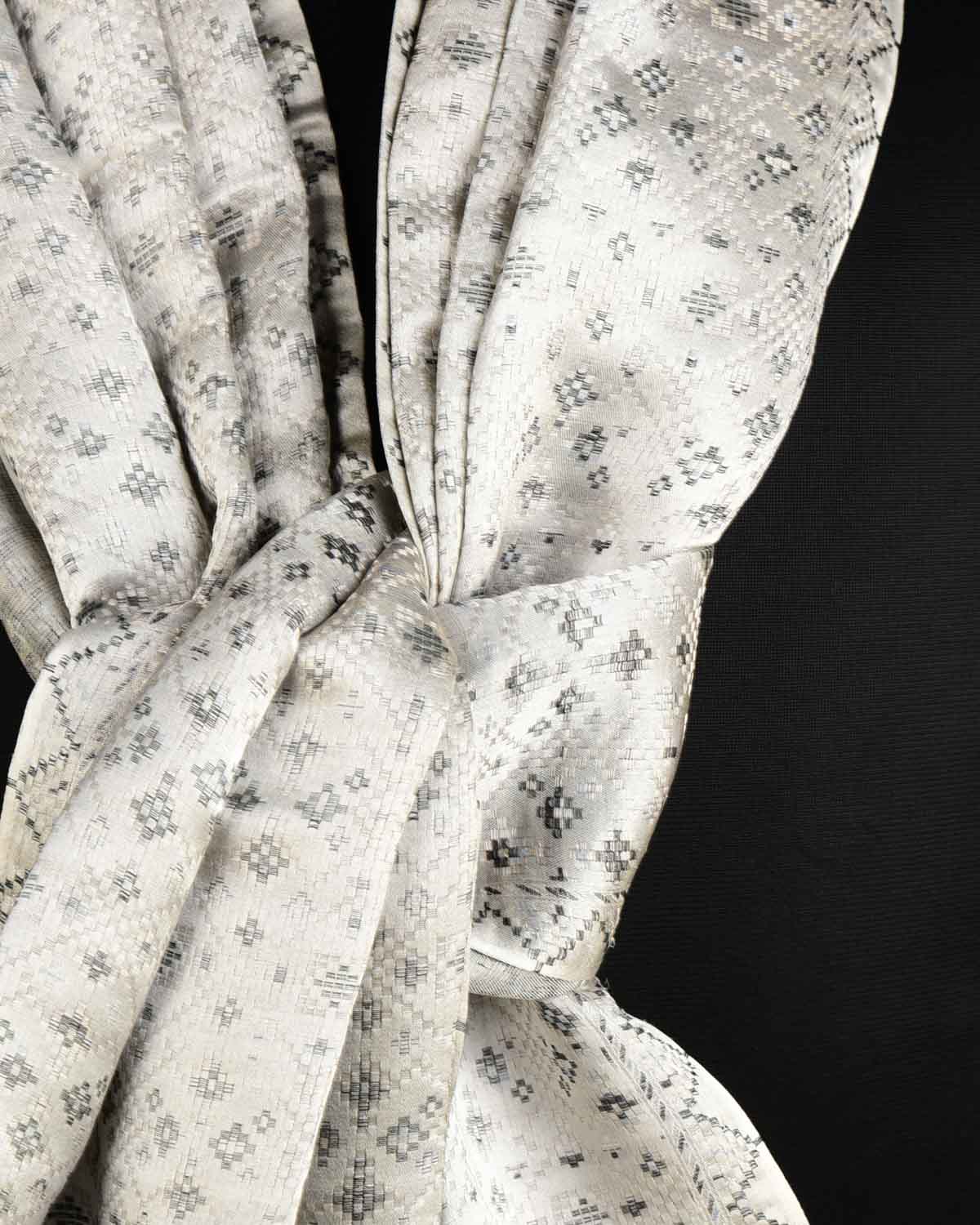 Gray Black On White Dotted Jamawar Handwoven Silk Unisex Scarf 76"x22"-HolyWeaves