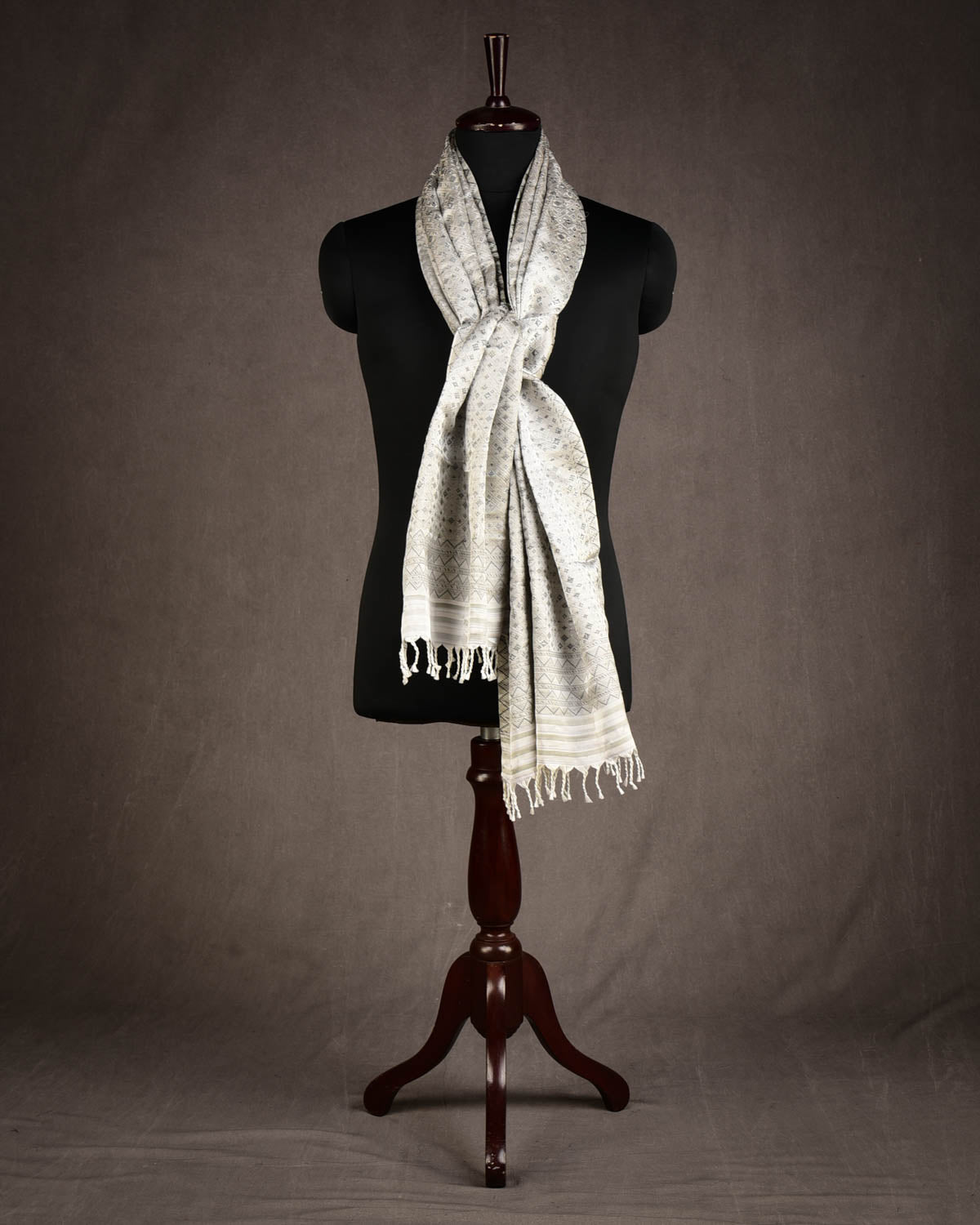 Gray Black On White Dotted Jamawar Handwoven Silk Unisex Scarf 76"x22"-HolyWeaves