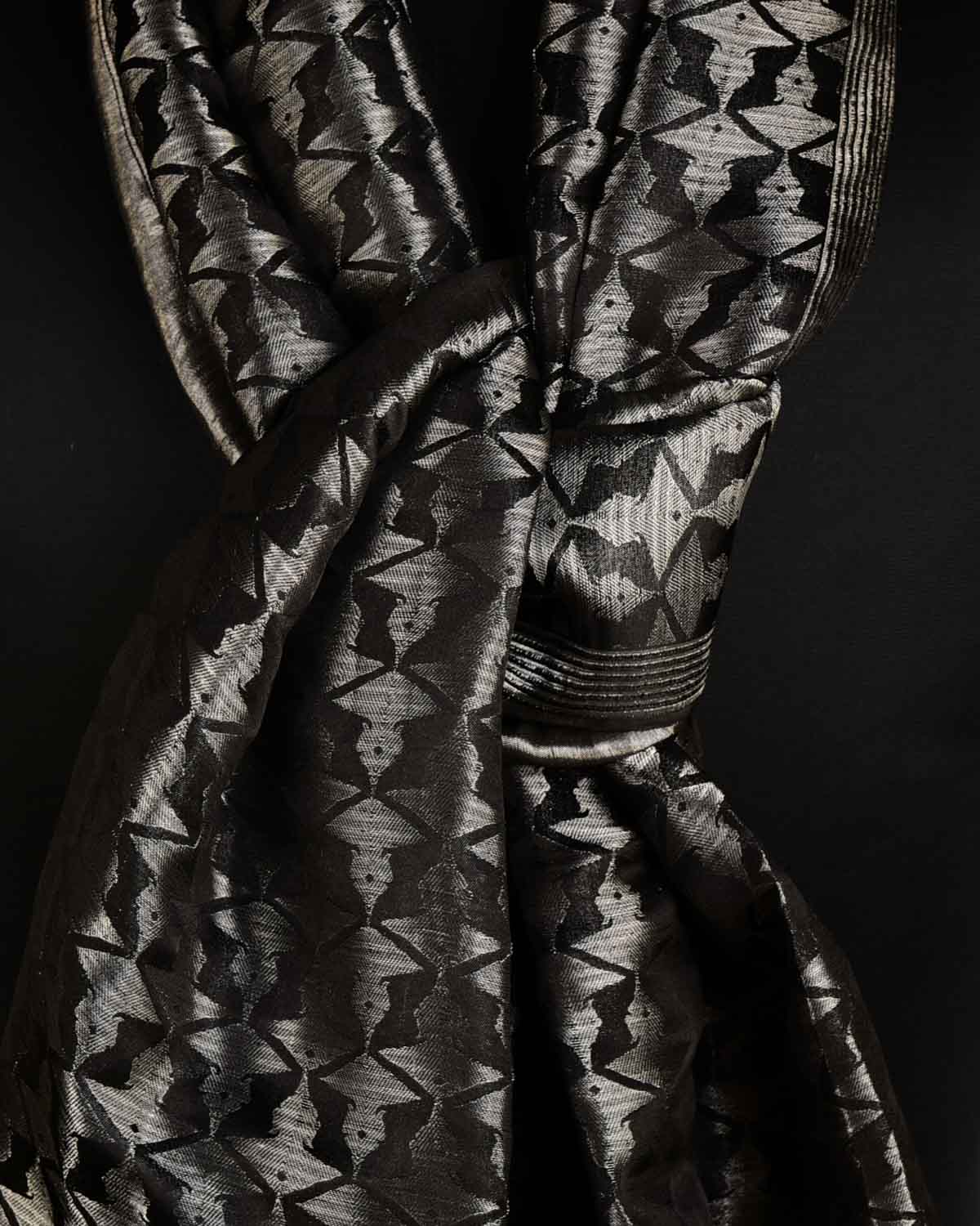 Metallic Black Buddha "Wisdom & Compassion" Silver Zari Tanchoi Handwoven Silk Unisex Scarf 80"x22"-HolyWeaves