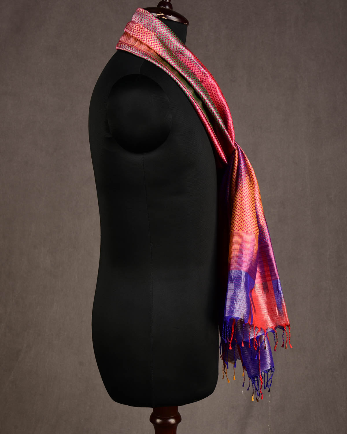 Metallic Multi-color Silver Zari Herringbone Stripes Brocade Handwoven Silk Unisex Scarf 80"x22"-HolyWeaves