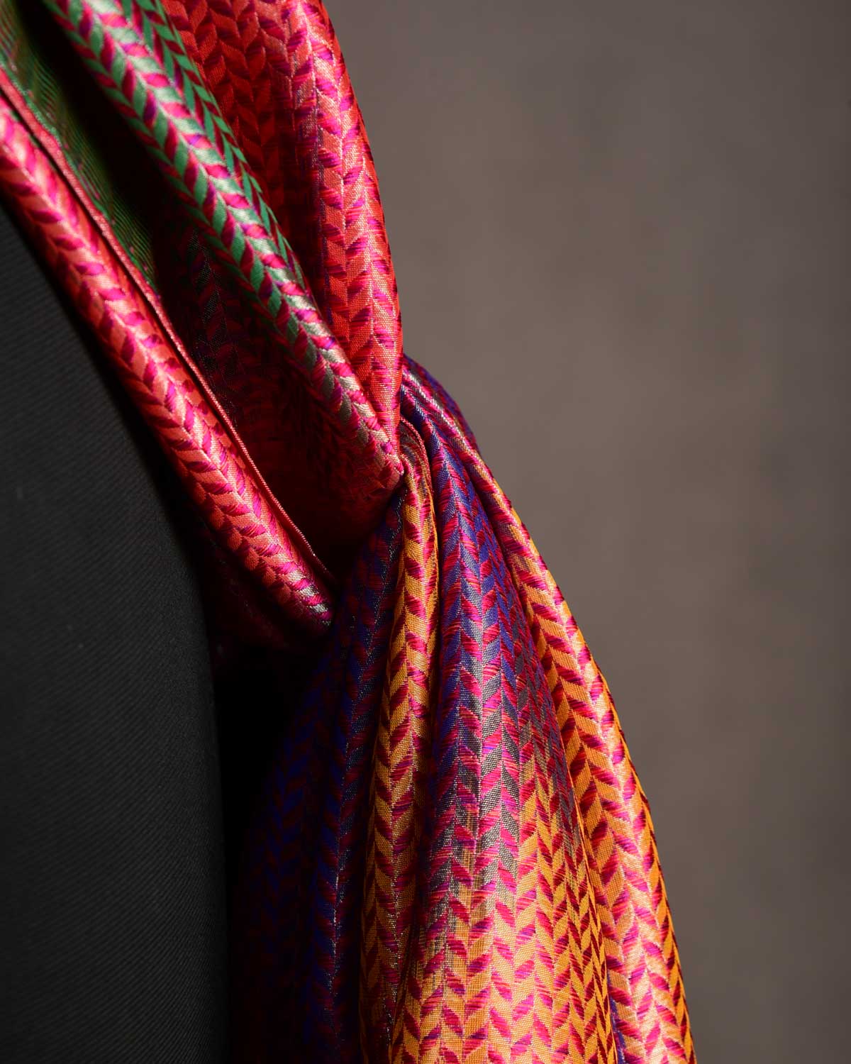 Metallic Multi-color Silver Zari Herringbone Stripes Brocade Handwoven Silk Unisex Scarf 80"x22"-HolyWeaves