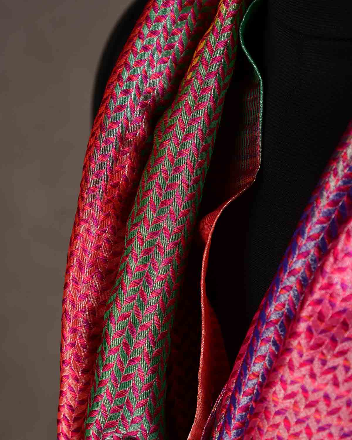 Metallic Multi-color Silver Zari Herringbone Stripes Brocade Handwoven Silk Unisex Scarf 80"x22"-HolyWeaves