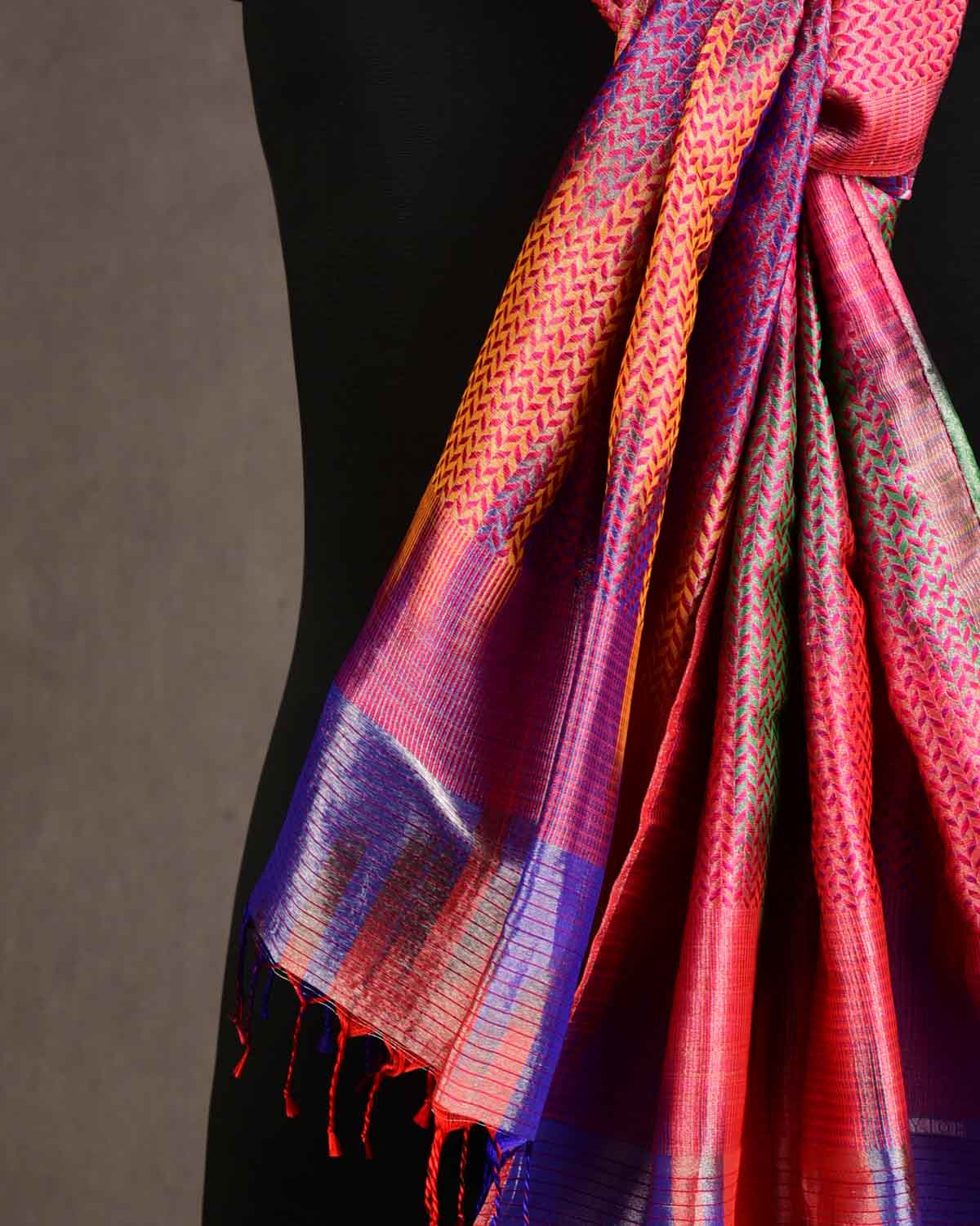 Metallic Multi-color Silver Zari Herringbone Stripes Brocade Handwoven Silk Unisex Scarf 80"x22"-HolyWeaves