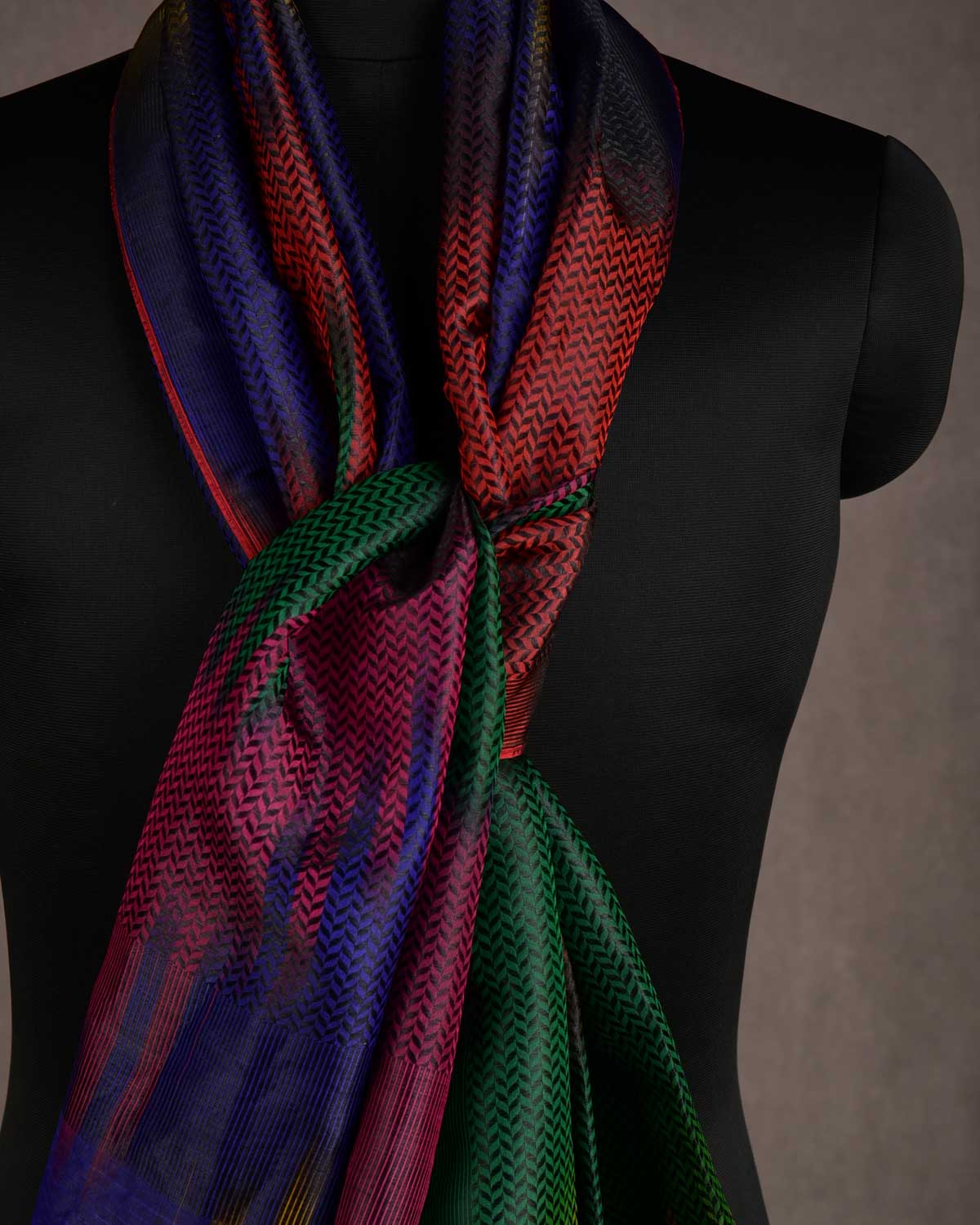 Ombre Multi-color Herringbone Stripes Brocade Handwoven Silk Unisex Scarf 80"x22"-HolyWeaves