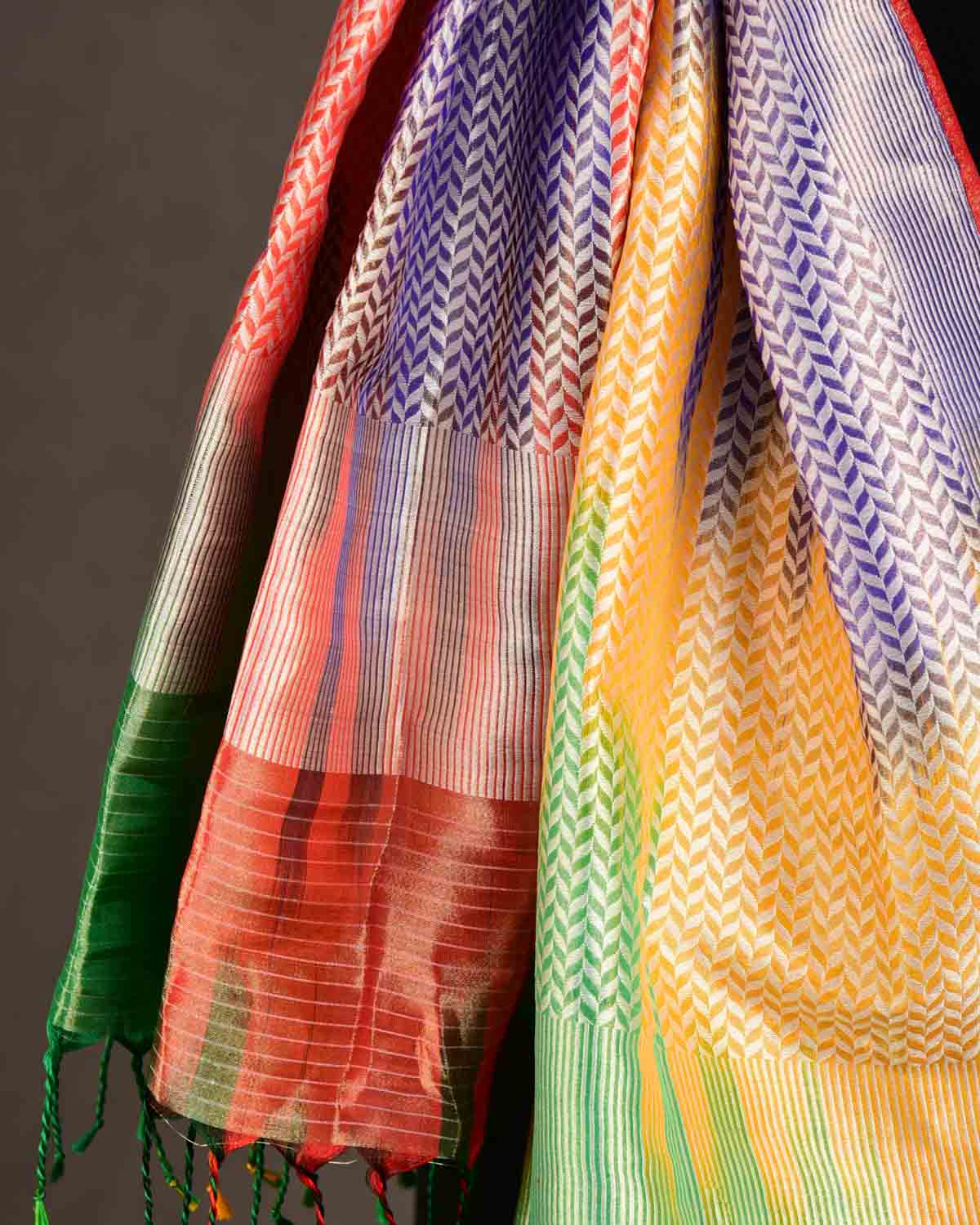 Ombre Metallic Multi-color Silver Zari Herringbone Stripes Brocade Handwoven Silk Tissue Unisex Scarf 80"x22"-HolyWeaves