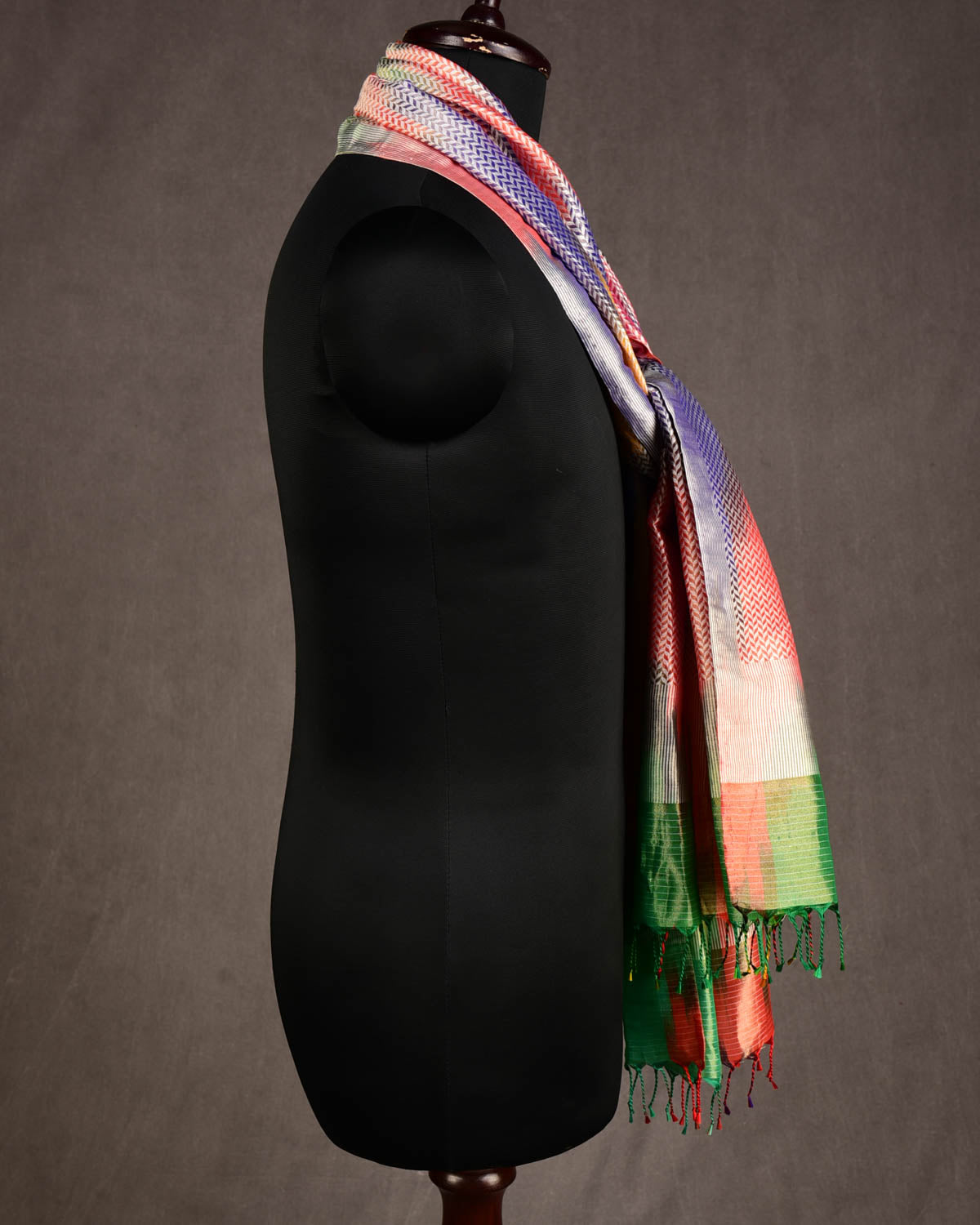 Ombre Metallic Multi-color Silver Zari Herringbone Stripes Brocade Handwoven Silk Tissue Unisex Scarf 80"x22"-HolyWeaves