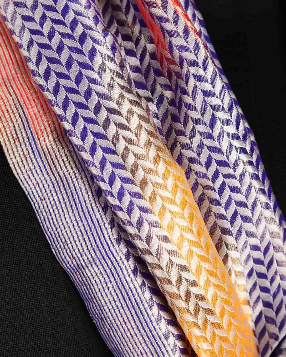 Ombre Metallic Multi-color Silver Zari Herringbone Stripes Brocade Handwoven Silk Tissue Unisex Scarf 80"x22"-HolyWeaves