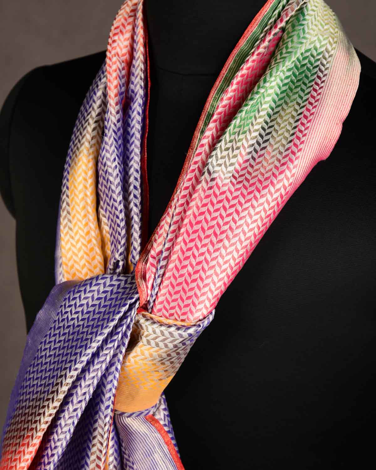 Ombre Metallic Multi-color Silver Zari Herringbone Stripes Brocade Handwoven Silk Tissue Unisex Scarf 80"x22"-HolyWeaves