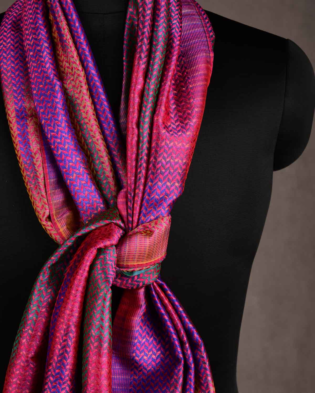 Rainbow Multi-color Herringbone Stripes Brocade Handwoven Silk Tissue Unisex Scarf 76"x22"-HolyWeaves