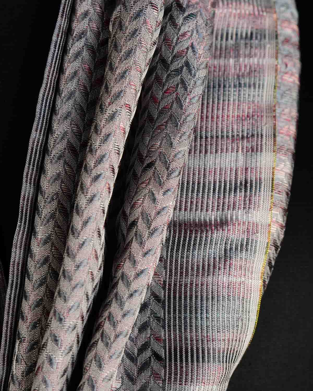 Multi-color Gray Herringbone Stripes Tanchoi Handwoven Silk Unisex Scarf 76"x22"-HolyWeaves