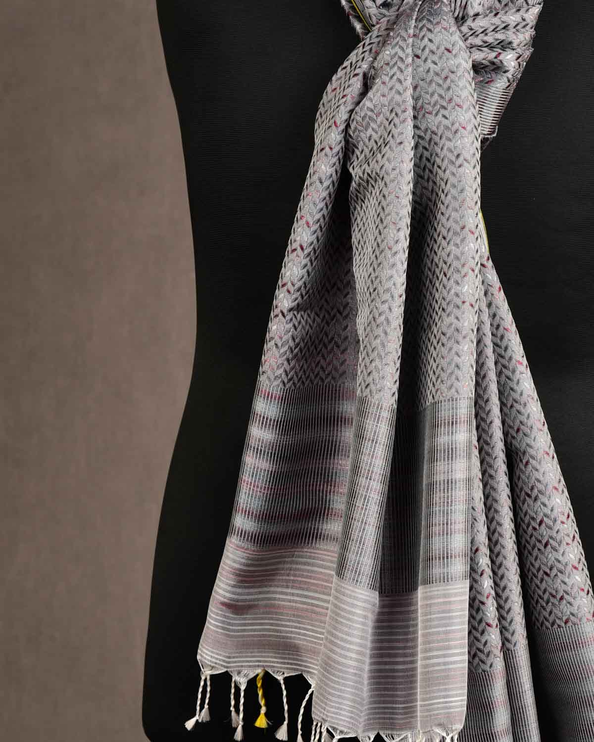 Multi-color Gray Herringbone Stripes Tanchoi Handwoven Silk Unisex Scarf 76"x22"-HolyWeaves