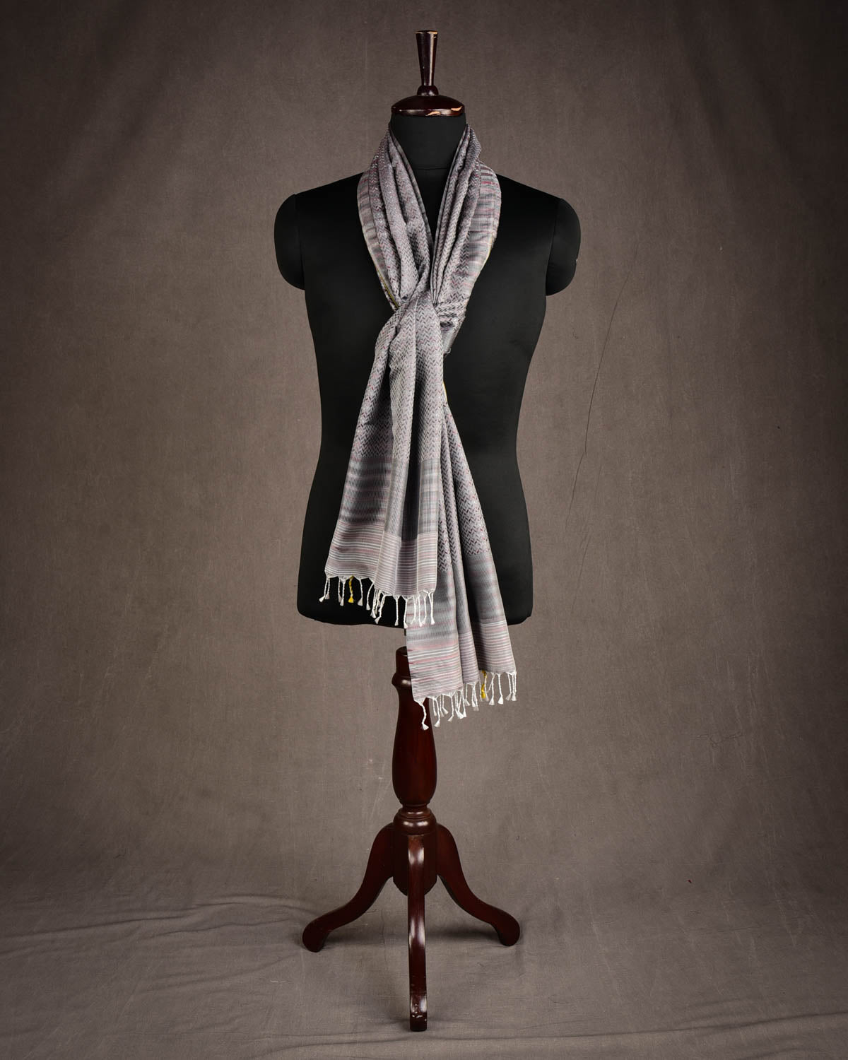 Multi-color Gray Herringbone Stripes Tanchoi Handwoven Silk Unisex Scarf 76"x22"-HolyWeaves