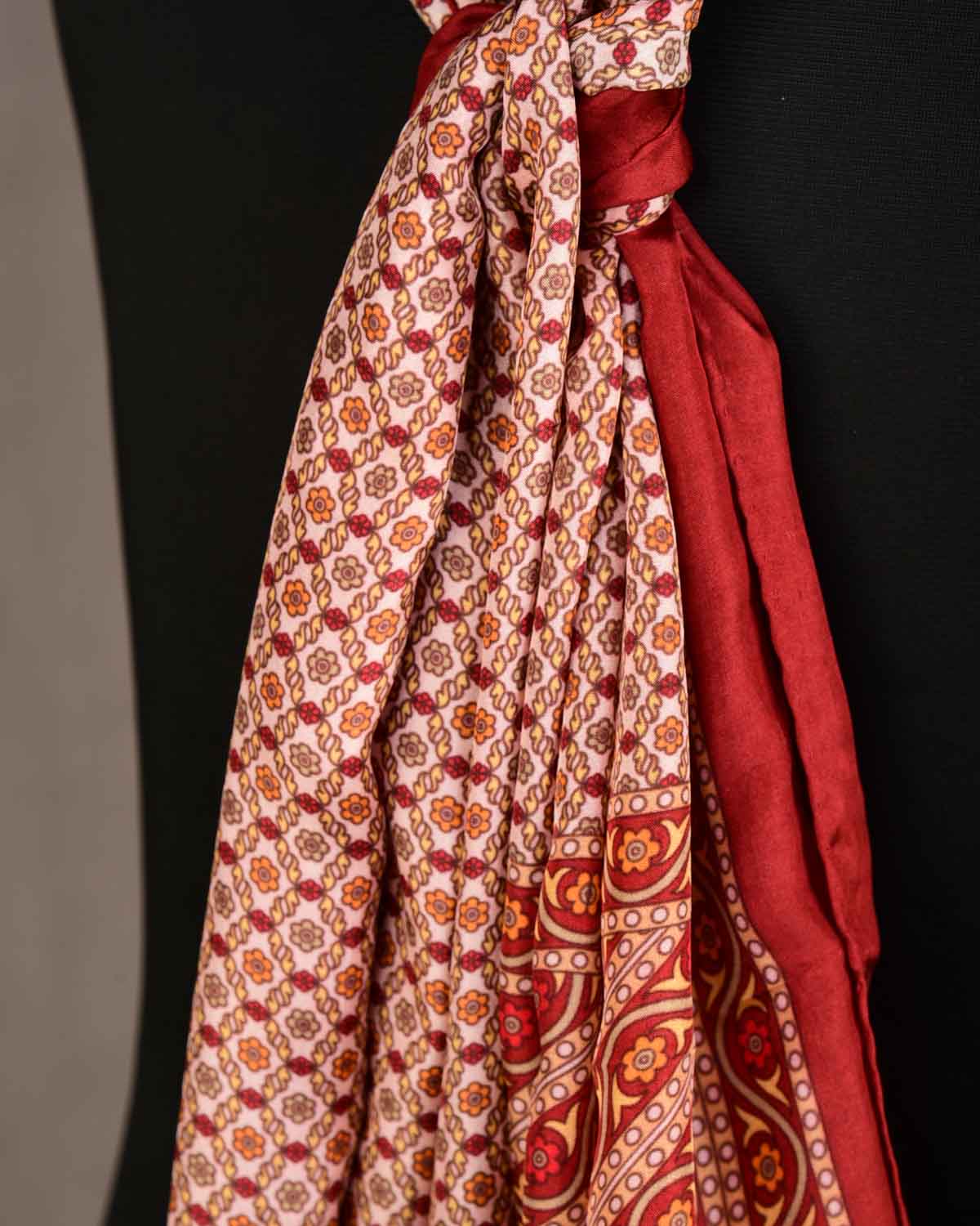 Beige Maroon Printed Silk Unisex Scarf 72"x21"-HolyWeaves