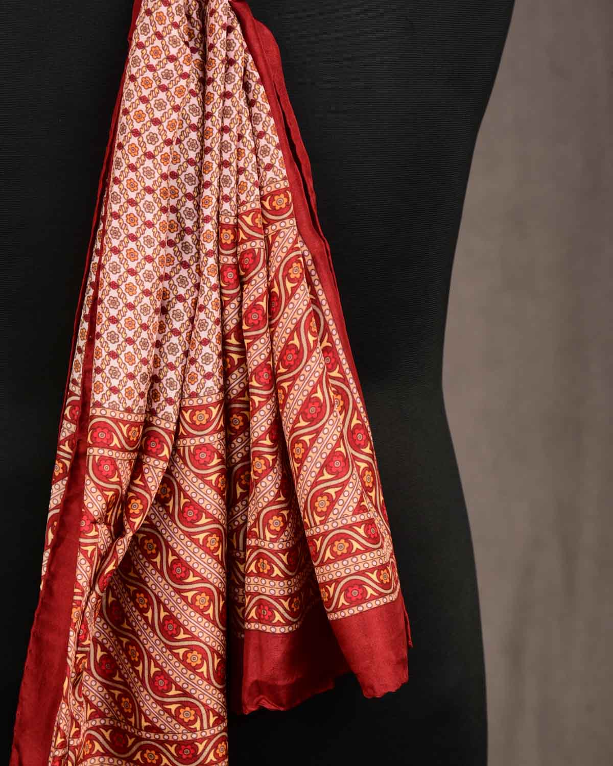 Beige Maroon Printed Silk Unisex Scarf 72"x21"-HolyWeaves