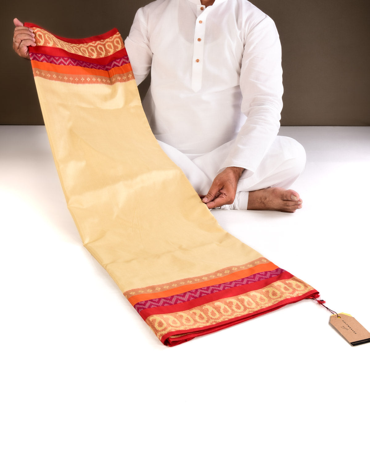 Cream-Red Handwoven Silk Pochampally Saree - By HolyWeaves, Benares