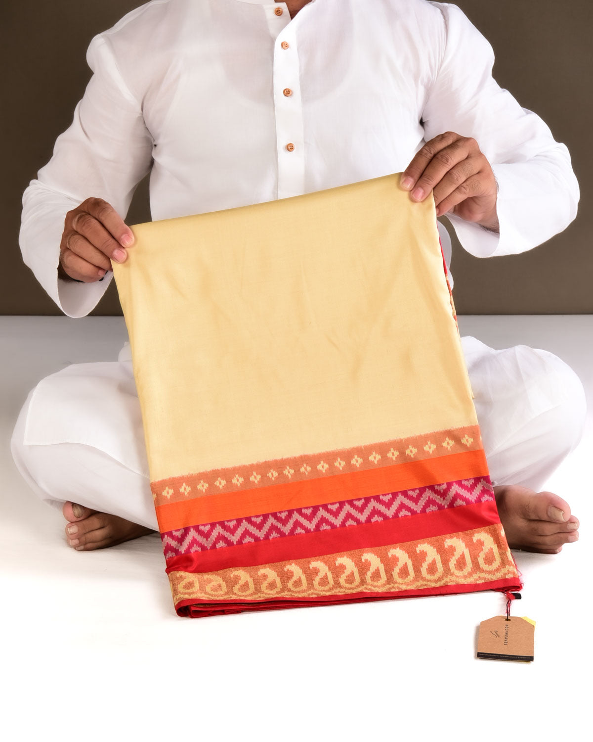 Cream-Red Handwoven Silk Pochampally Saree - By HolyWeaves, Benares