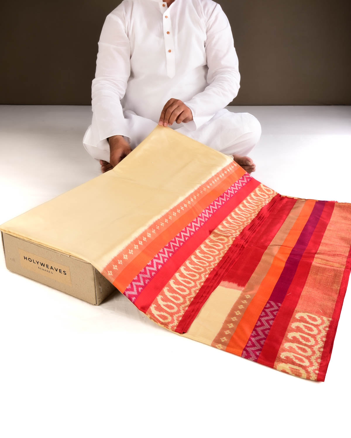 Cream-Red Handwoven Silk Pochampally Saree - By HolyWeaves, Benares