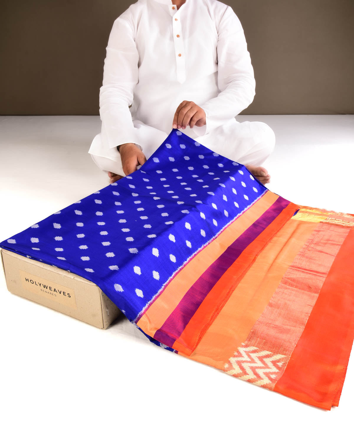 Blue Polka Premium Pochampally Handwoven Silk Saree - By HolyWeaves, Benares