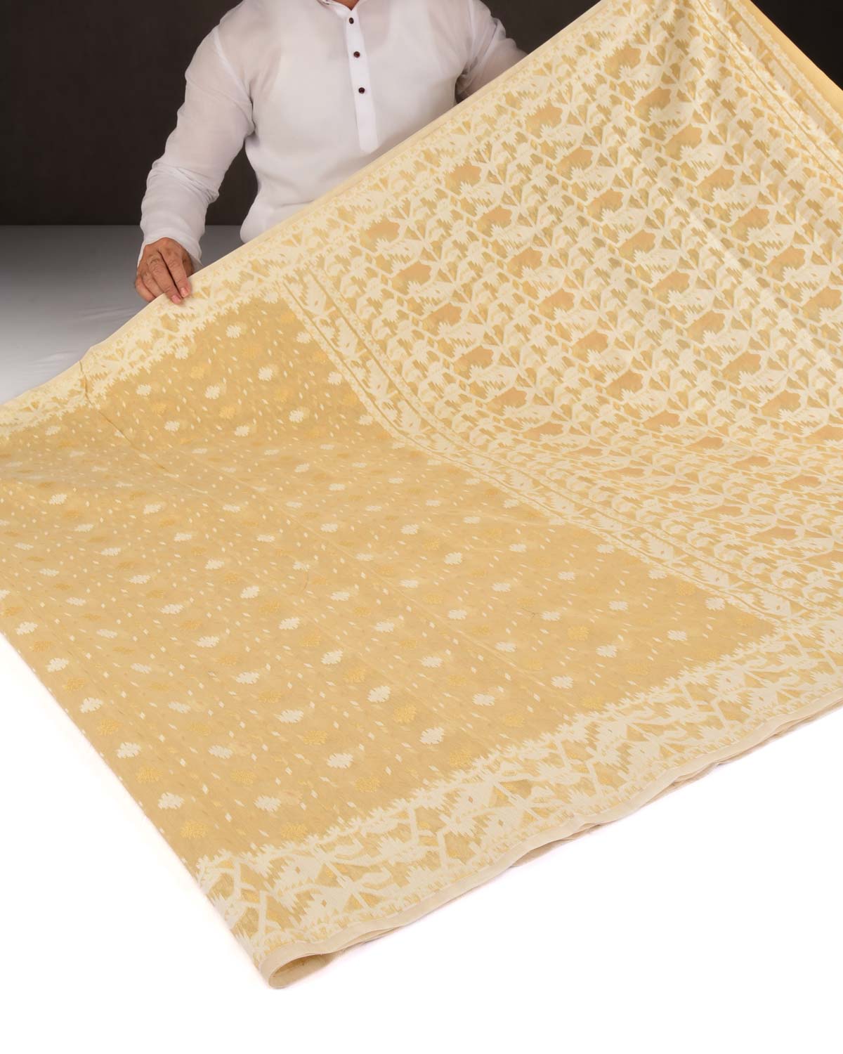 Beige Alfi Banarasi Dhakai Buti Cutwork Brocade Woven Cotton Silk Saree-HolyWeaves