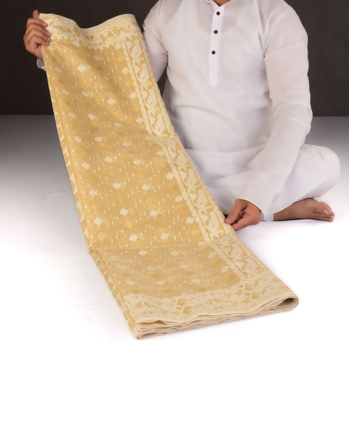 Beige Alfi Banarasi Dhakai Buti Cutwork Brocade Woven Cotton Silk Saree-HolyWeaves