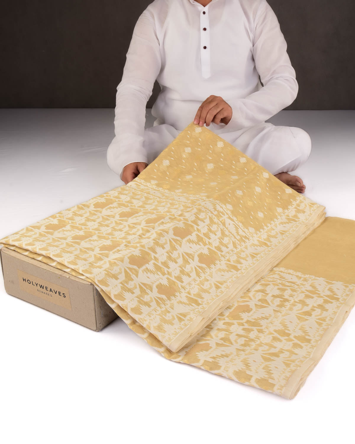 Beige Alfi Banarasi Dhakai Buti Cutwork Brocade Woven Cotton Silk Saree-HolyWeaves