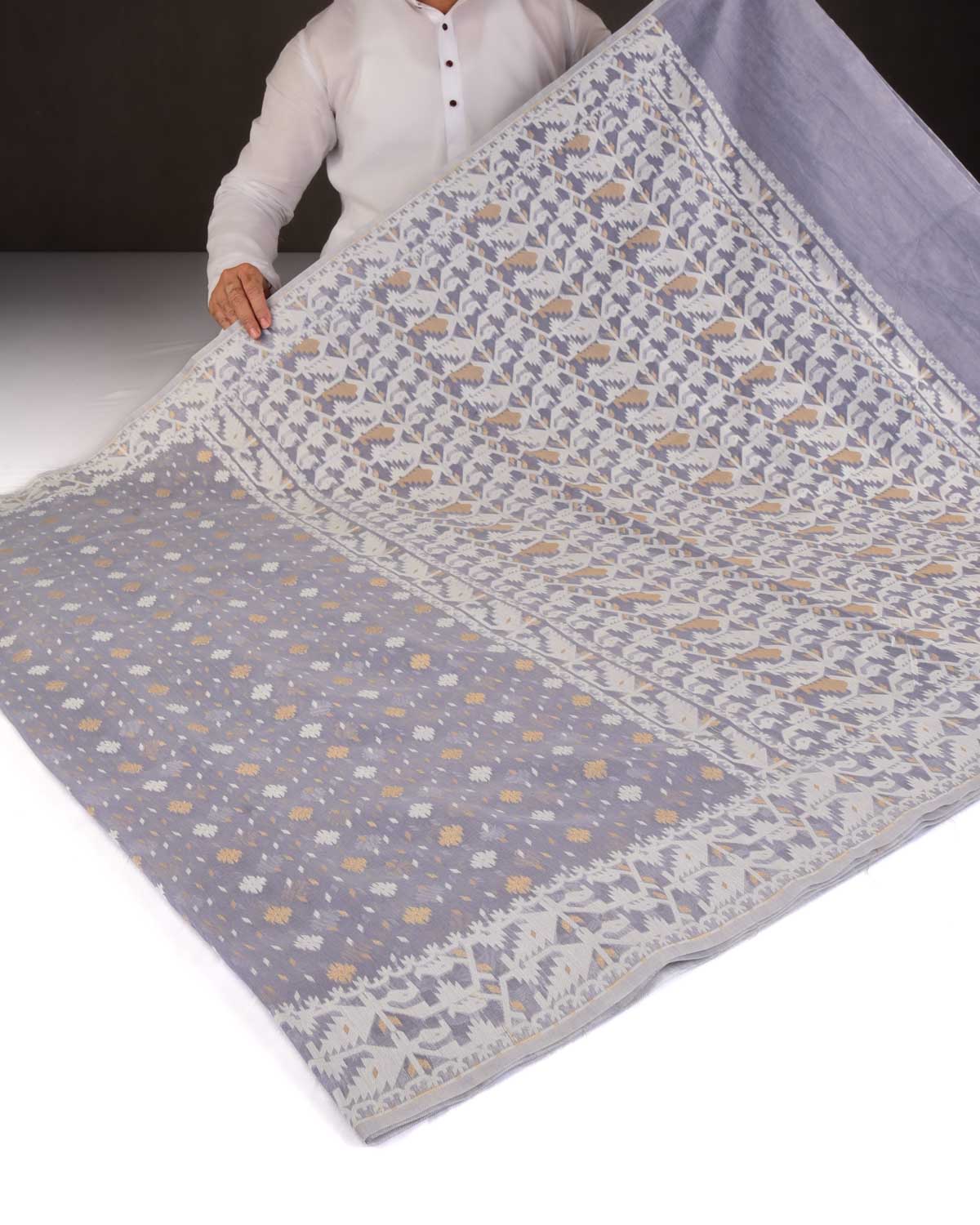 Gray Alfi Banarasi Dhakai Buti Cutwork Brocade Woven Cotton Silk Saree-HolyWeaves