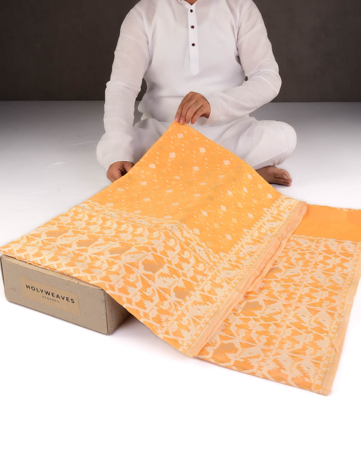Golden Yellow Alfi Banarasi Dhakai Buti Cutwork Brocade Woven Cotton Silk Saree-HolyWeaves