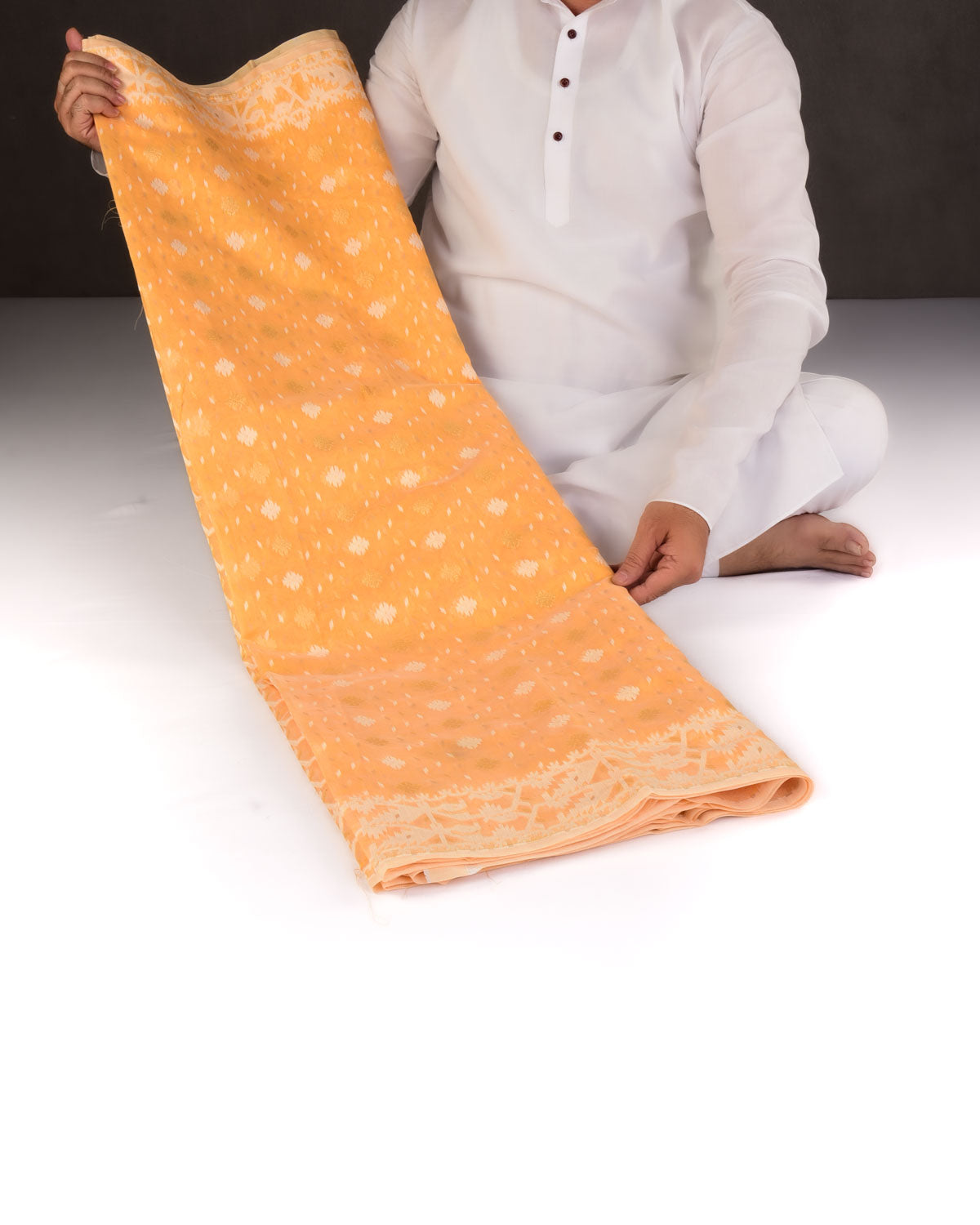 Golden Yellow Alfi Banarasi Dhakai Buti Cutwork Brocade Woven Cotton Silk Saree-HolyWeaves