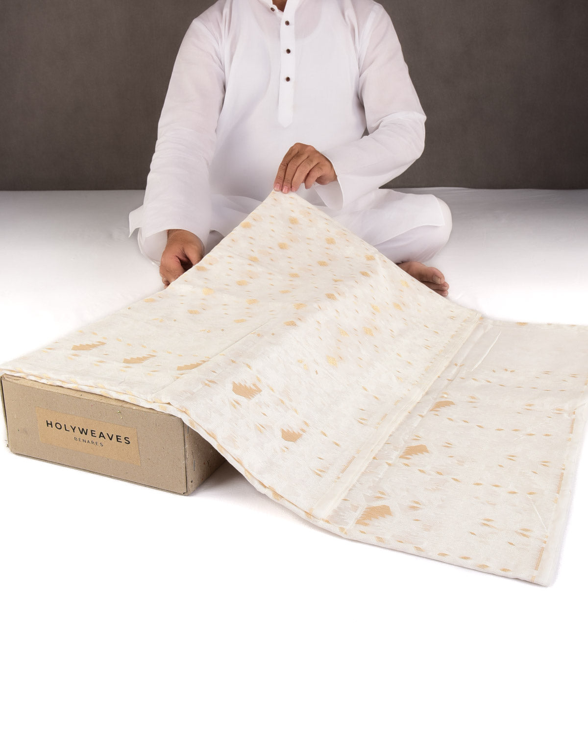 White Alfi Banarasi Dhakai Buti Cutwork Brocade Woven Cotton Silk Saree-HolyWeaves