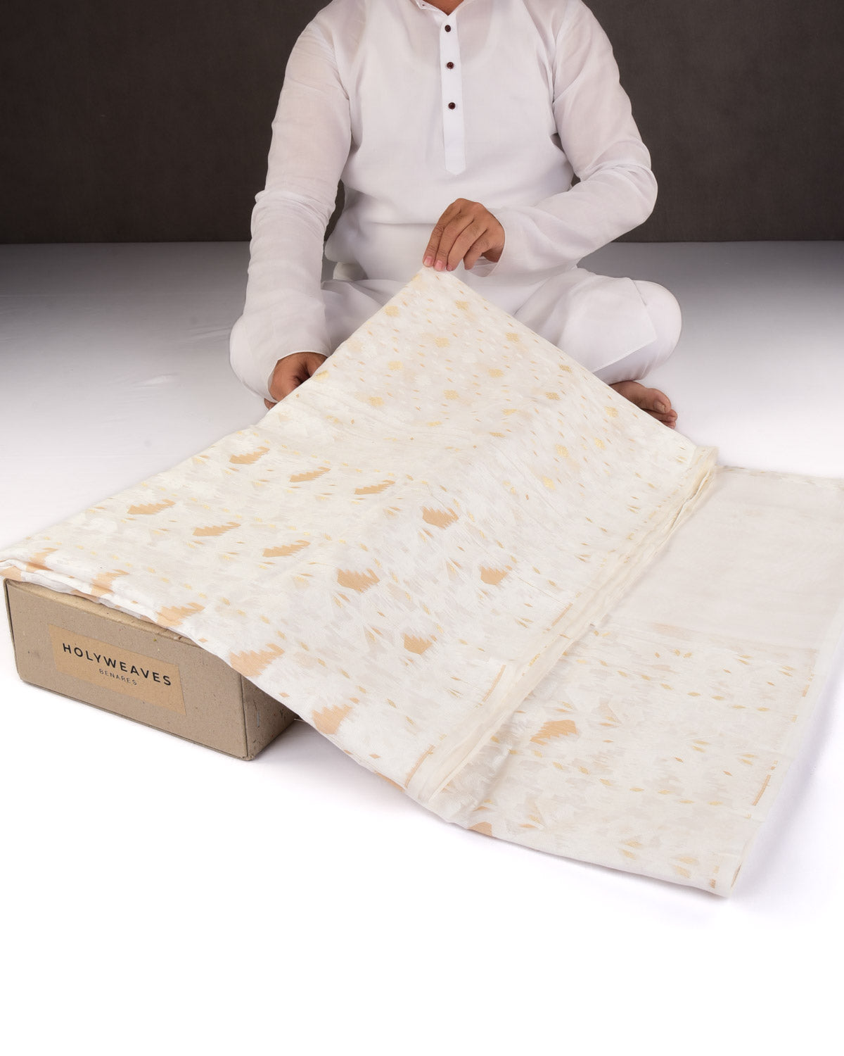 White Alfi Banarasi Dhakai Buti Cutwork Brocade Woven Cotton Silk Saree-HolyWeaves