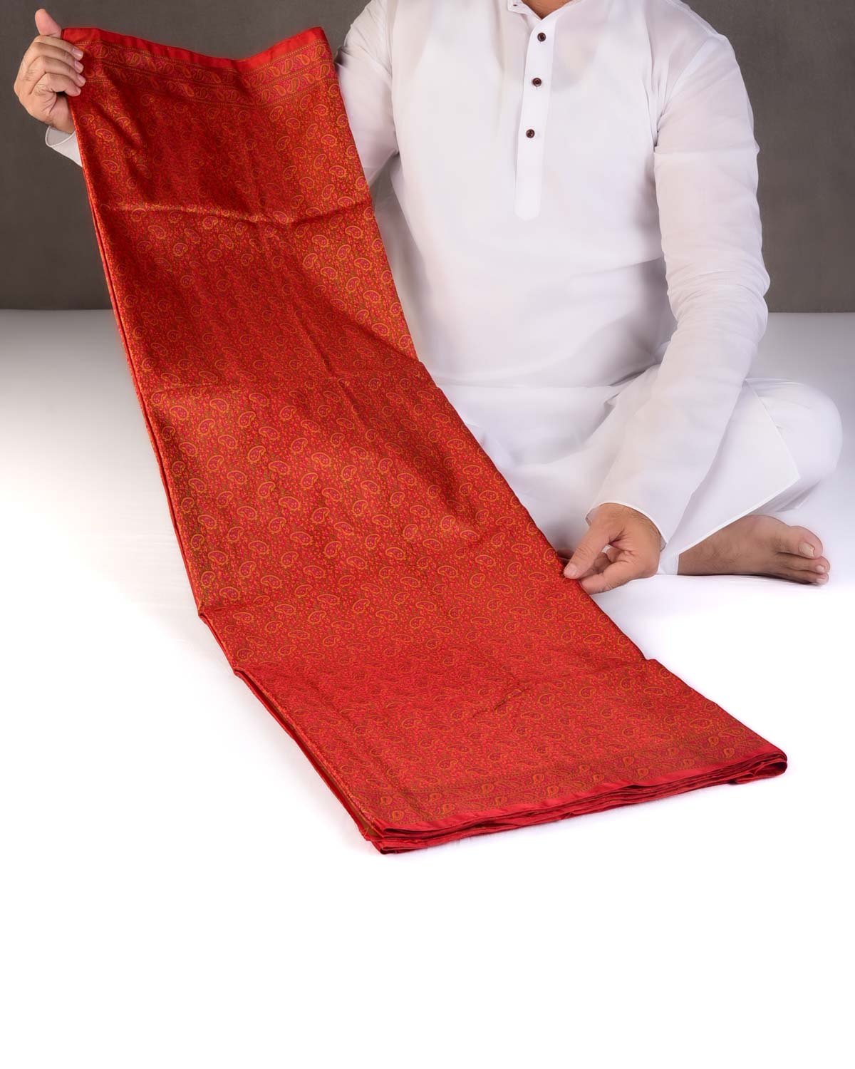 Red Tehri Paisley Ektara Jamawar Handwoven Katan Silk Banarasi Saree-HolyWeaves
