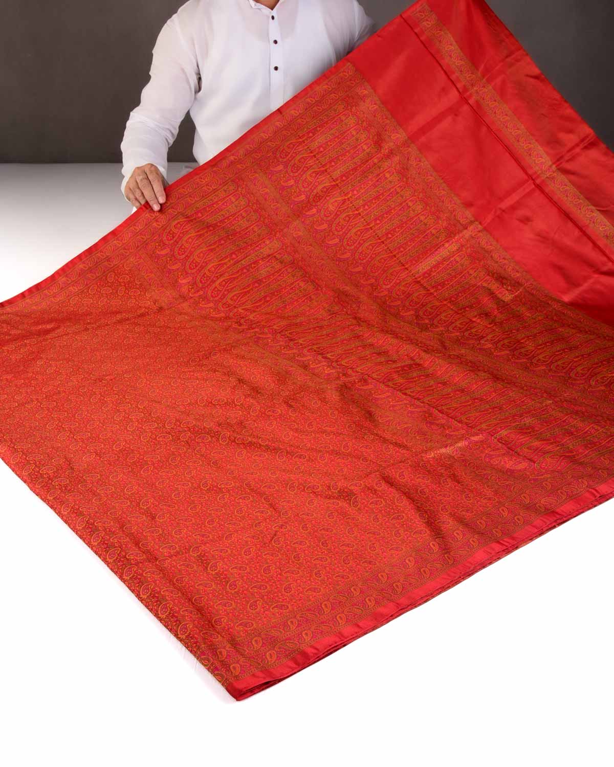 Red Tehri Paisley Ektara Jamawar Handwoven Katan Silk Banarasi Saree-HolyWeaves