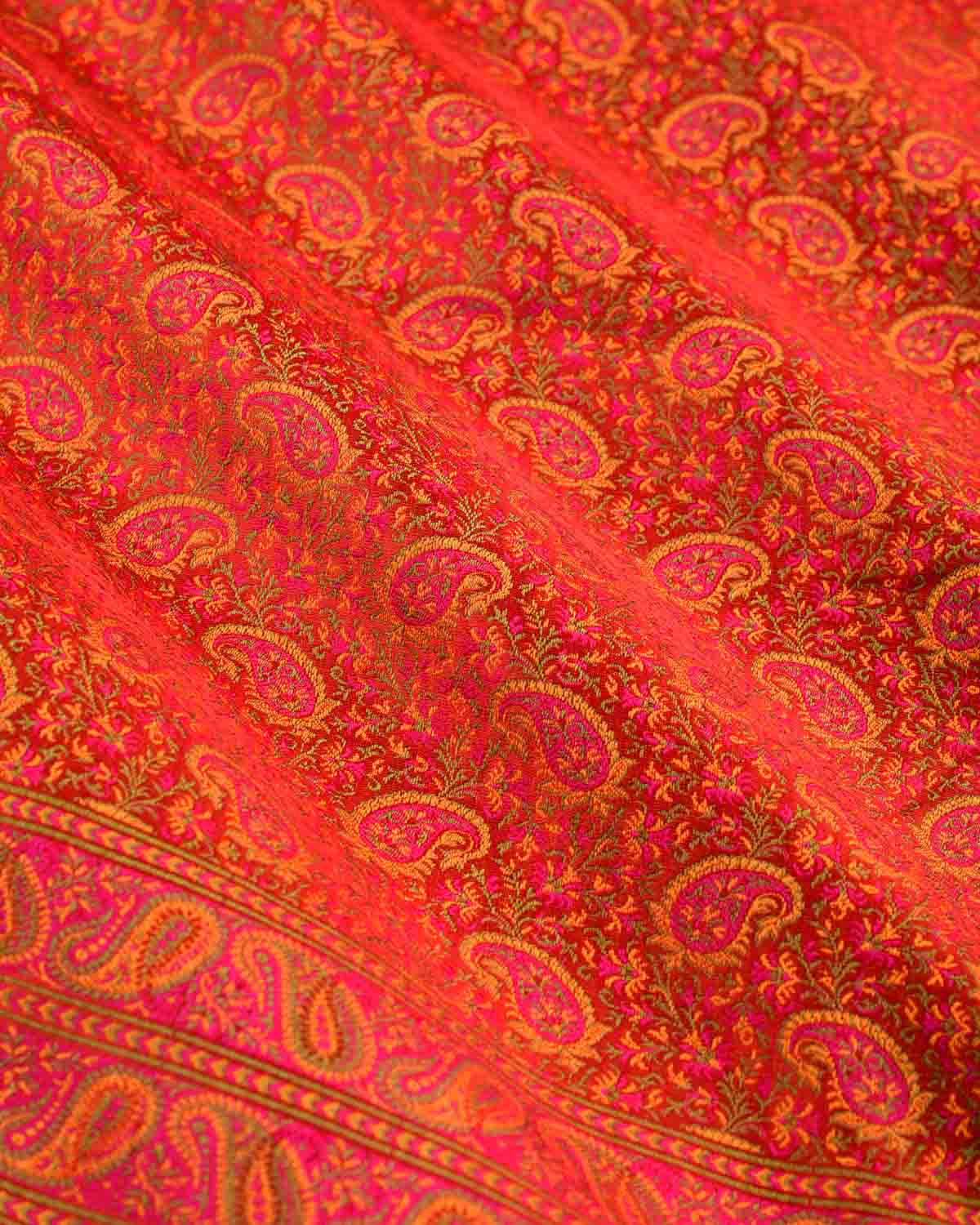 Red Tehri Paisley Ektara Jamawar Handwoven Katan Silk Banarasi Saree-HolyWeaves