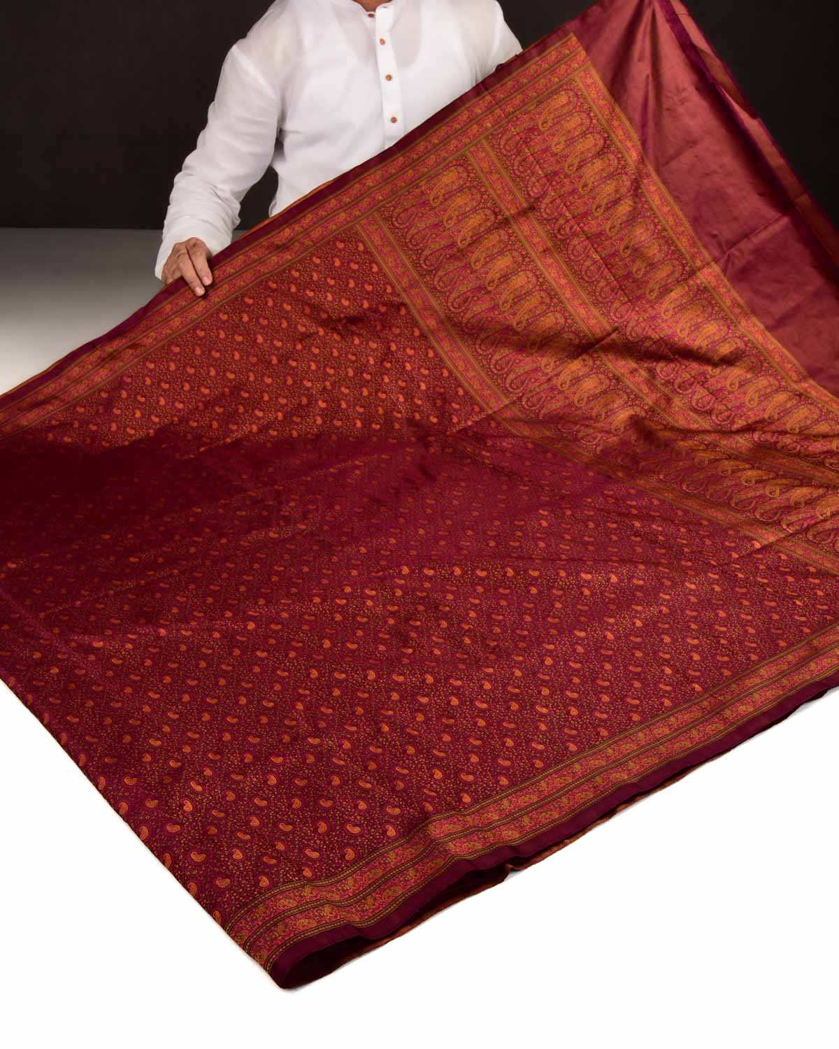Mahogany Banarasi Tehri Paisley Ektara Jamawar Handwoven Katan Silk Saree-HolyWeaves