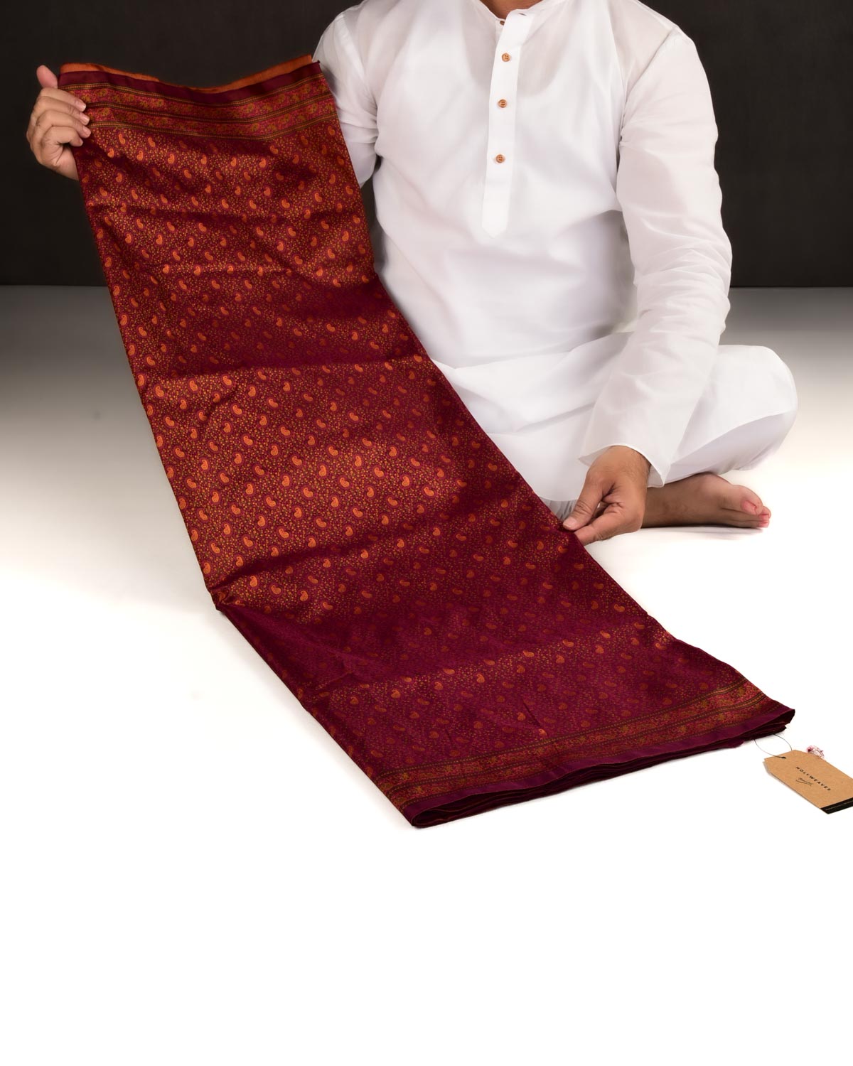 Mahogany Banarasi Tehri Paisley Ektara Jamawar Handwoven Katan Silk Saree-HolyWeaves