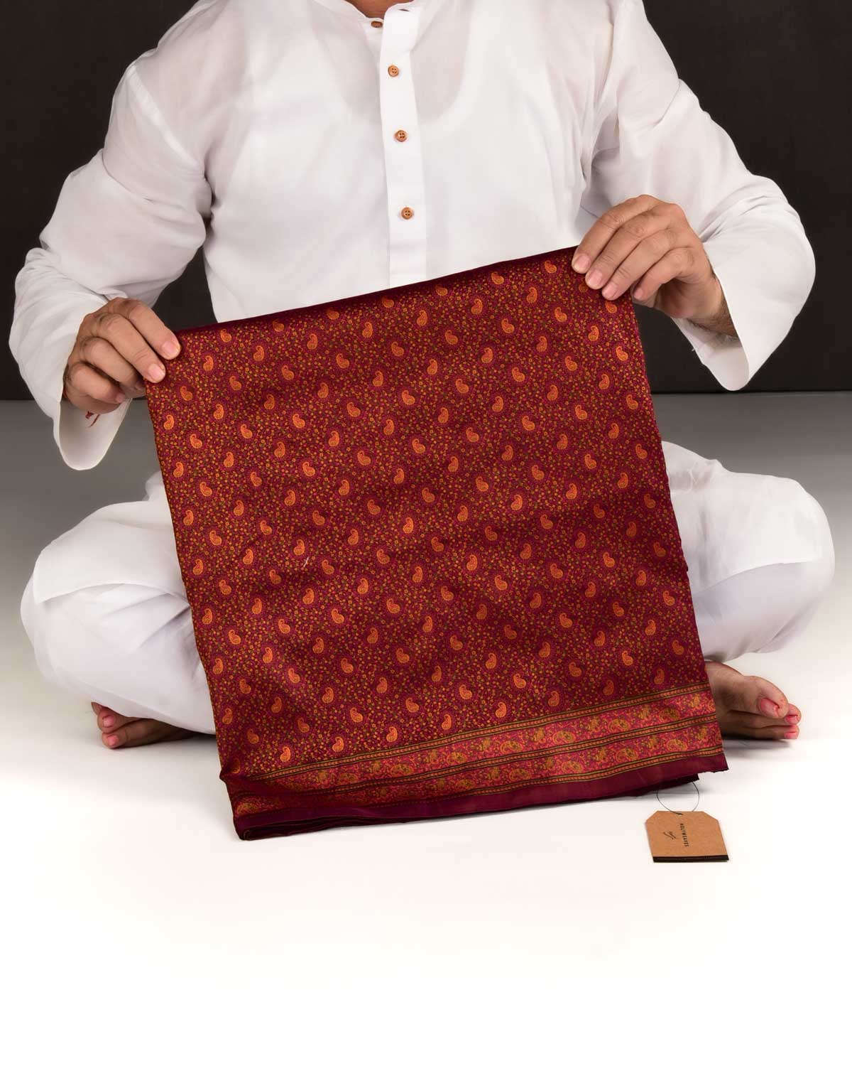 Mahogany Banarasi Tehri Paisley Ektara Jamawar Handwoven Katan Silk Saree-HolyWeaves