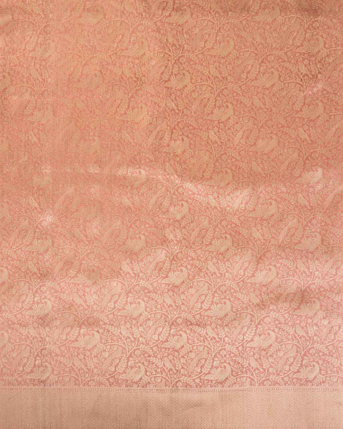 Peach Banarasi Peacock & Sparrow Shikargah Brocade Handwoven Katan Silk Saree-HolyWeaves
