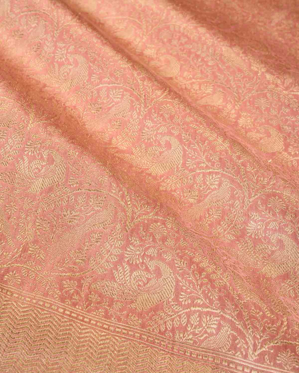 Peach Banarasi Peacock & Sparrow Shikargah Brocade Handwoven Katan Silk Saree-HolyWeaves