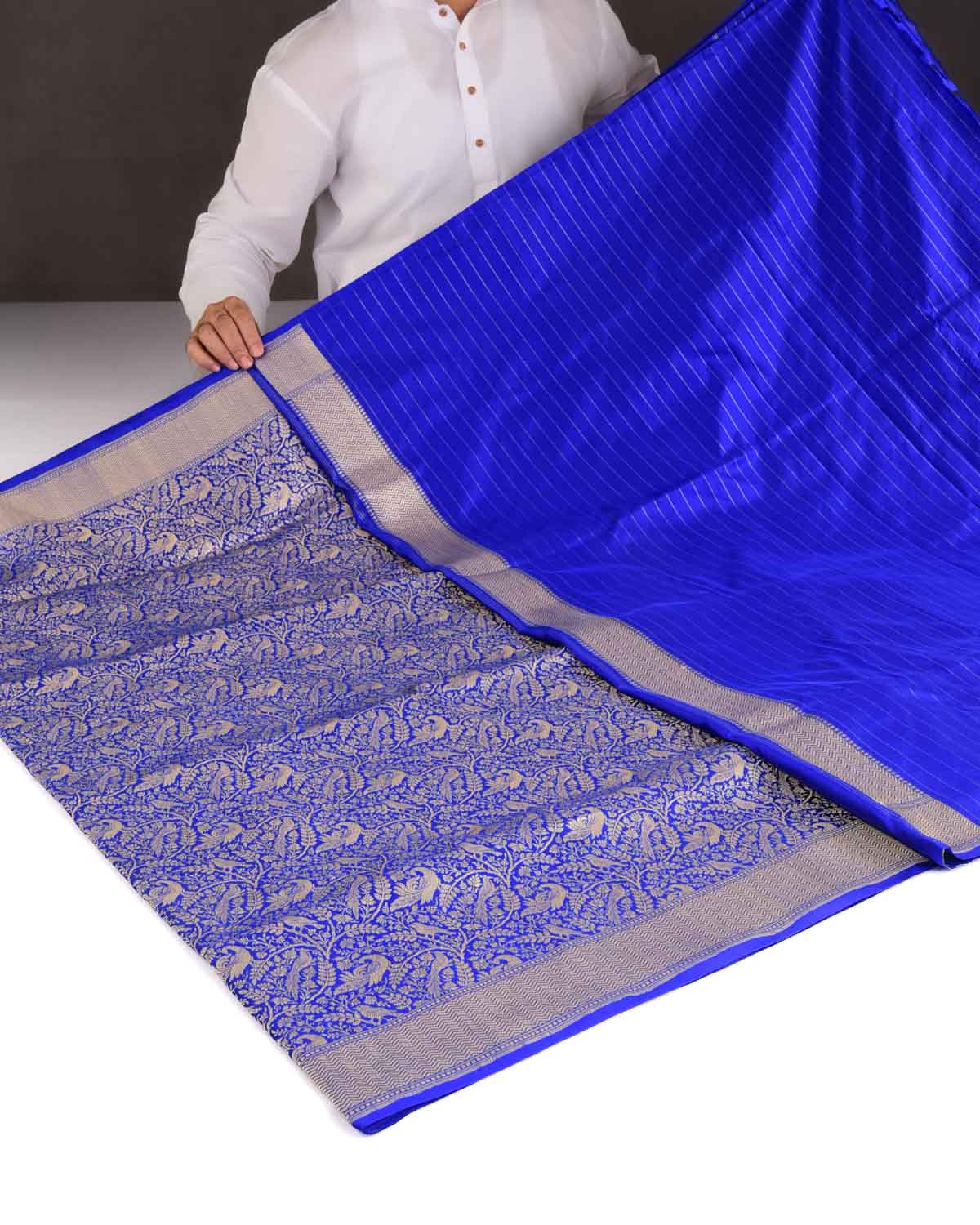 Royal Blue Peacock & Sparrow Shikargah Brocade Handwoven Katan Silk Banarasi Saree-HolyWeaves