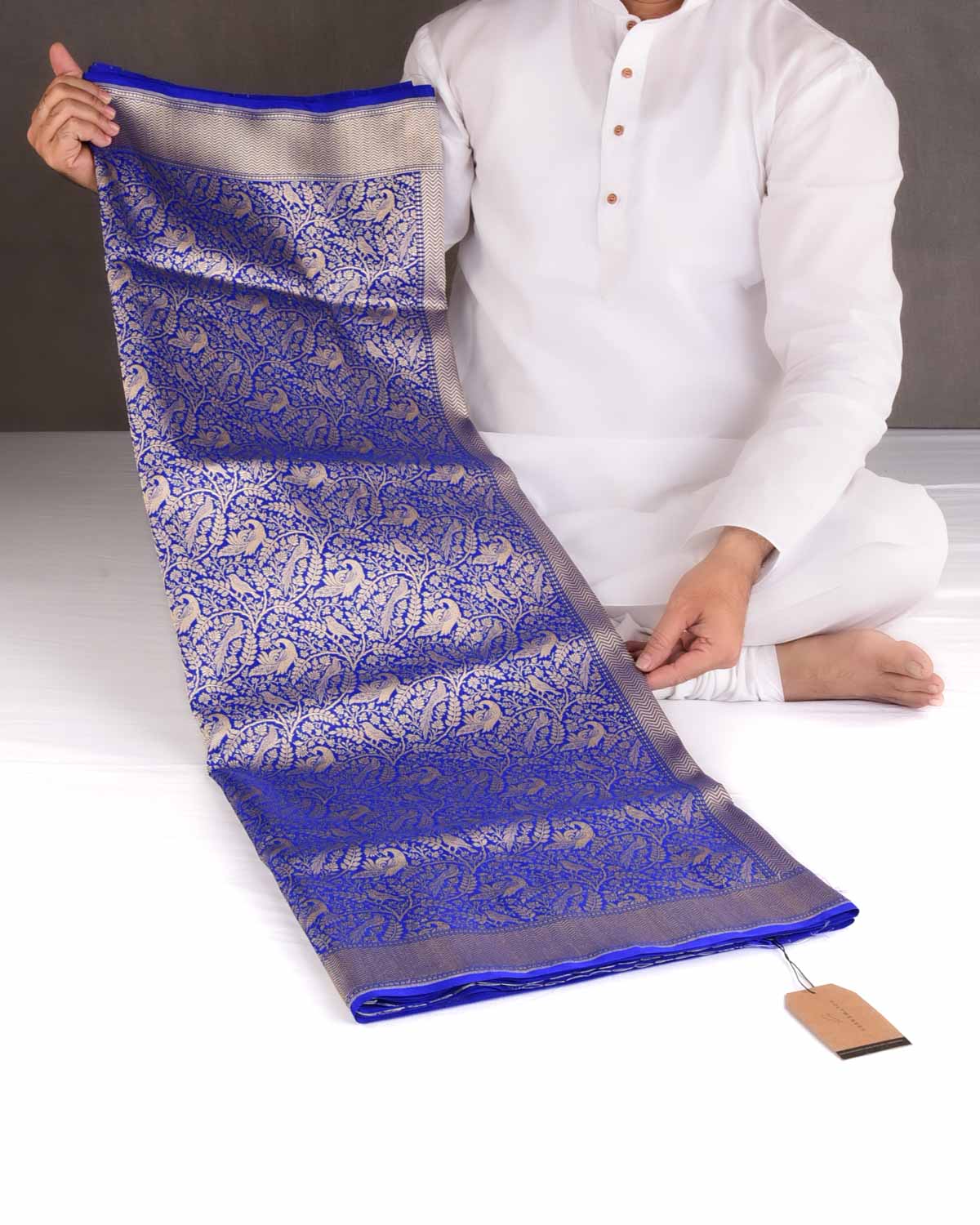 Royal Blue Peacock & Sparrow Shikargah Brocade Handwoven Katan Silk Banarasi Saree-HolyWeaves