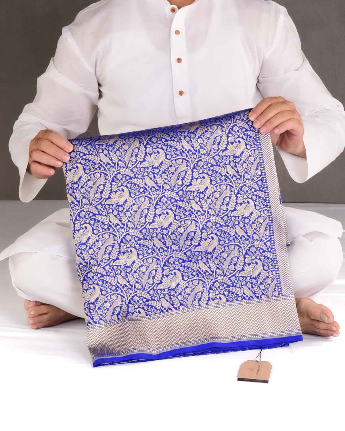 Royal Blue Peacock & Sparrow Shikargah Brocade Handwoven Katan Silk Banarasi Saree-HolyWeaves