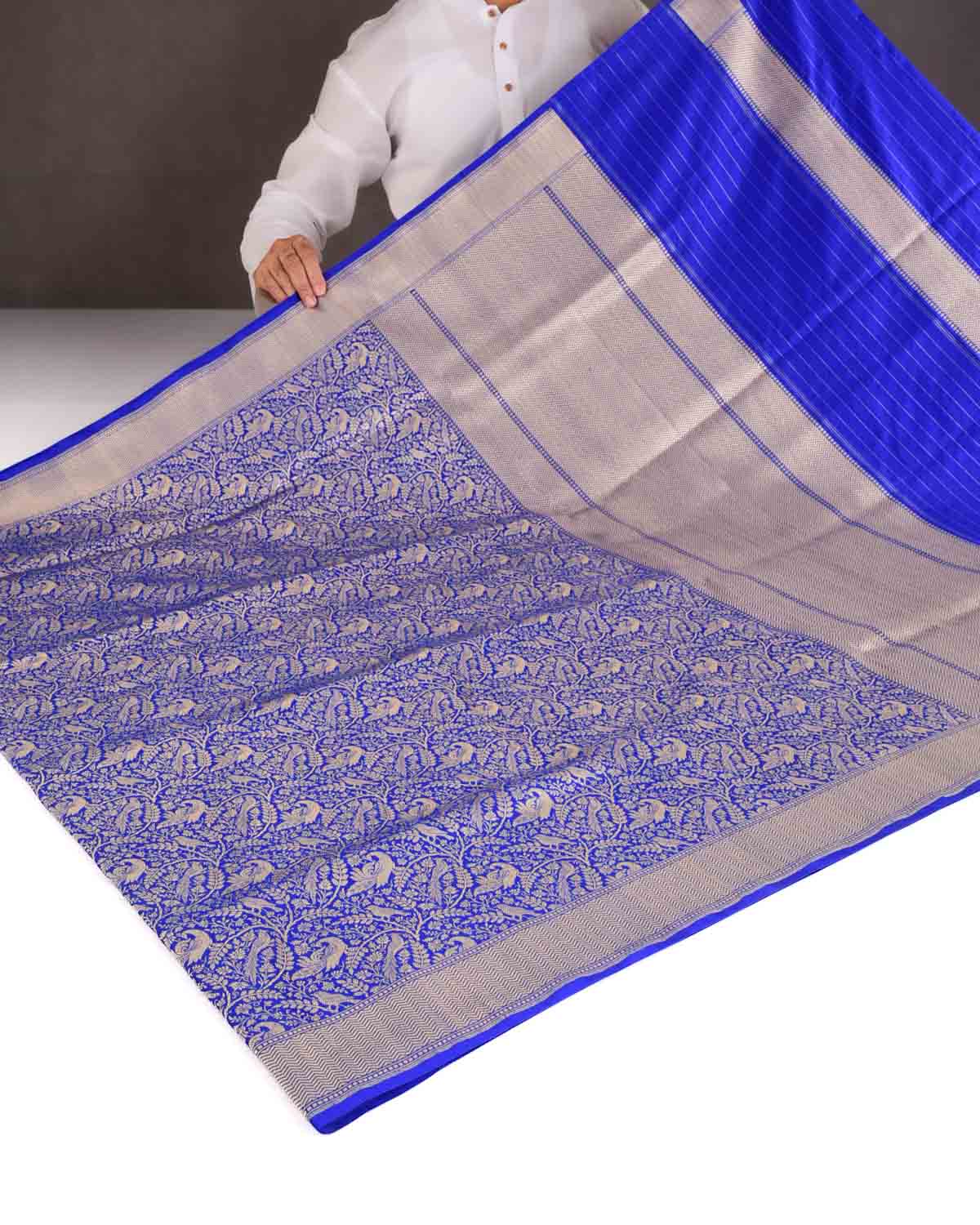Royal Blue Peacock & Sparrow Shikargah Brocade Handwoven Katan Silk Banarasi Saree-HolyWeaves