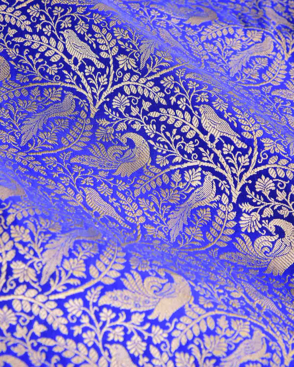 Royal Blue Peacock & Sparrow Shikargah Brocade Handwoven Katan Silk Banarasi Saree-HolyWeaves