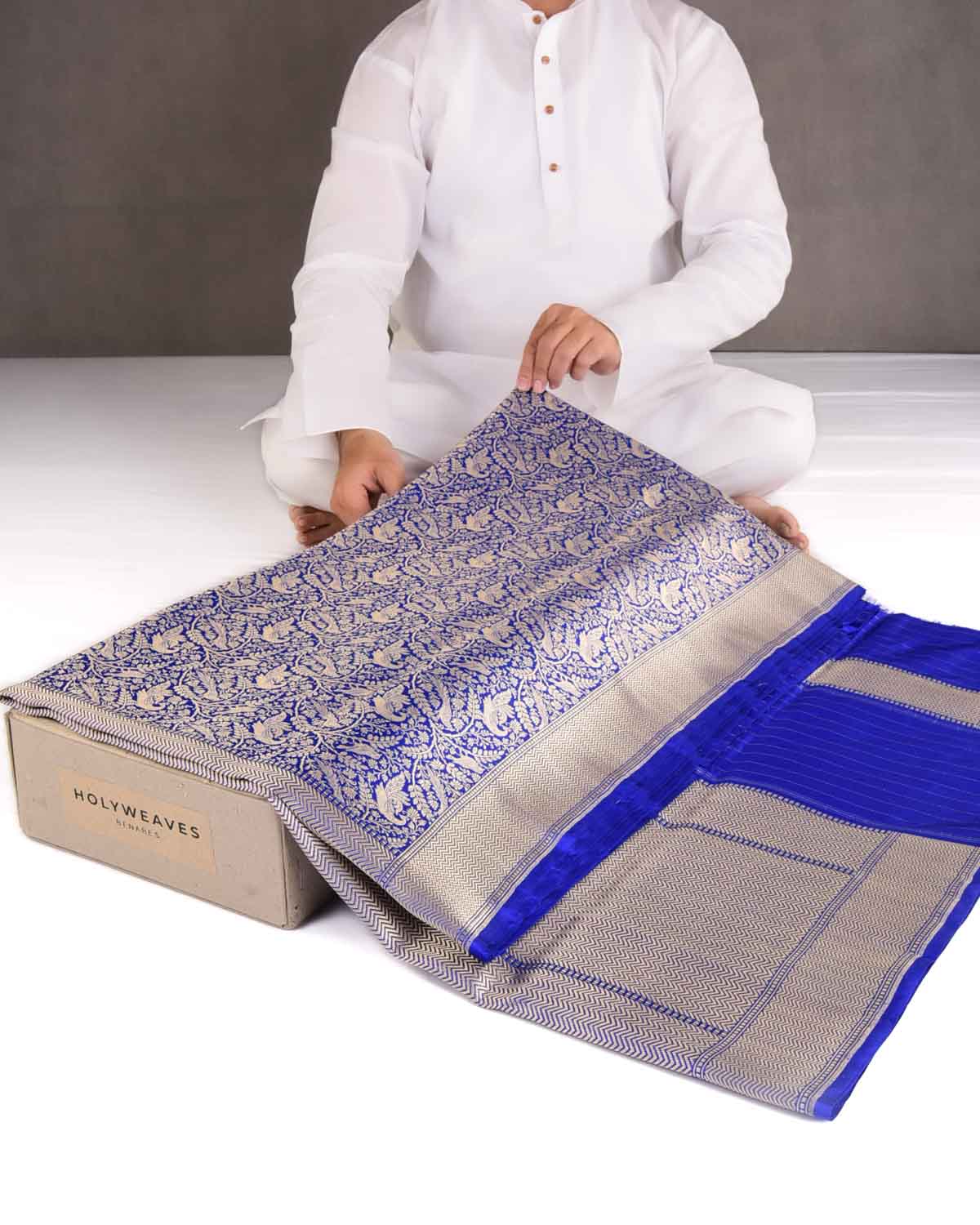 Royal Blue Peacock & Sparrow Shikargah Brocade Handwoven Katan Silk Banarasi Saree-HolyWeaves